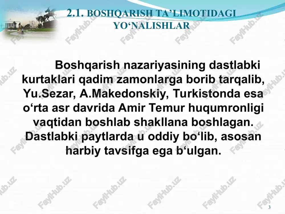 f.teylor (1856-1915) turgan edi. uning nazariyasi keyinchalik “teylorizm” degan nom olgan.u yaratgan tizim esa ishchilarning “siqib suvini olish” ning tizimi deb atalgan. * * f.teylor ta’limotining asosiy mazmuni - yollanma ishchilar unumdorligini oshirishda g‘oyatda maqbul usullarni izlashdir. * mehnatning har bir jarayoni, uning ko‘lami va ketma-ketligi aniq puxta ixtisoslashtirilishi shart; har bir mehnat turi qat’iy vaqt oralig‘ida taqsimlanishi lozim; har bir mehnar jarayoni va hatto har bir harakat puxta ishlab chiqilgan qoidalarga bo‘ysundirilgan bo‘lishi kerak; yuqoridan belgilab berilgan ish usullari va qoidalarni bajarish uchun doimiy talabchan nazorat amalga oshirilishi lozim; ishchilar malakasi va saviyasiga qarab joy-joyiga qo‘yilishi shart; boshqaruvchi bilan boshqariluvchi ma’suliyatini aniq belgilish va vazifalarini to‘g‘ri taqsimlash shart. * * f.teylorning mehnatni tashkil etish va uni boshqarish borasidagi takliflari ishlab chiqarishga tadbiq etilganda mehnat unumdorligi ikki baravarga o‘sishiga olib kelgan. f teylor nazariyasiga ko‘ra rahbar va mutaxassilarni kam malaka talab qiladigan ijrochilik mehnatidan va ularga xos bo‘lmagan vazifalardan ozod …