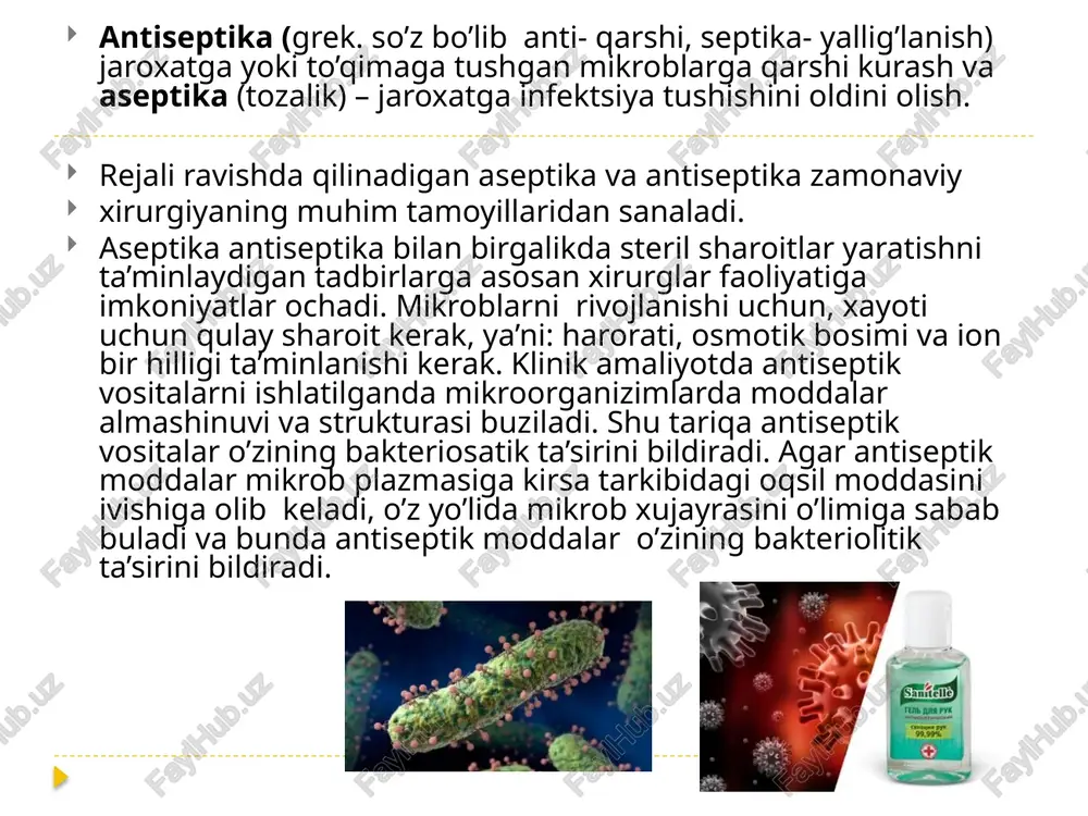 rshi vositalar, asosan yiringli yalliglanishli jarayonlarini oldini olish, yoki davolash uchun mahalliy qo’llaniladi (shilliq kavatlarga). aseptika deb jarohatga infeksiya tushmasligi uchun ko’riladigan chora-tadbirlar sistemasiga aytiladi. aseptika deganda jarrohlik uchun ishlatiladigan asbob-anjomlarda, turli xil matolarda infektsiyalarni batamom yo’q qilishi yoki sterilizatsiya qilish tushuniladi. jaroxatga mikroorganizmlar tushish yo’llari quydagicha bolishi mumkin: xavo – tomchi yo’li orqali (xavodagi changlardan, mayda so’lak tomchilardan) anjomlardan (jarroxlik instrumentlaridan, bog’lov materiallaridan va steril bo’lmagan qo’llardan) kontakt yo’li orqali implantatsion yo’l orqali (jarroxlik iplaridan, har xil protezlardan endogen yo’l orqali (organizmning o’z infektsiyasi) image2.jpeg image3.jpeg image4.jpeg image5.jpeg image6.png image7.jpeg image8.jpeg image9.jpeg image10.jpeg image11.jpeg image12.jpeg image13.jpeg image14.jpeg image15.jpeg image16.png image17.png image18.jpeg image19.jpeg image20.jpeg bag i ’ yy