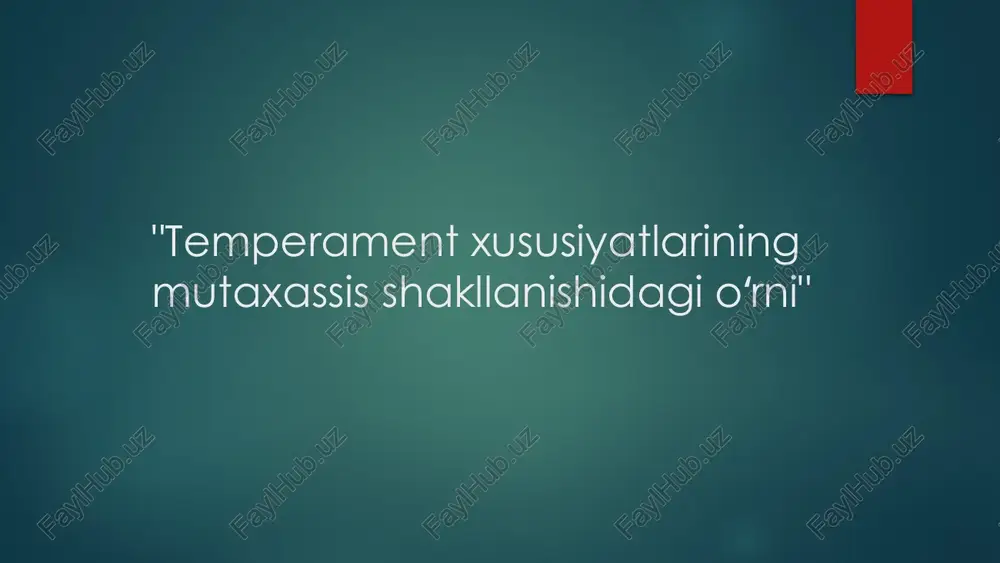 aruvchan muhitga tez moslashadi. - kholerik: kuchli liderlik qobiliyatlari; qaror qabul qilishda tezkorlik va ishonchli. - melankolik: yuqori analitik qobiliyat; chuqur fikrlash va muammolarni hal qilishda muvaffaqiyatli. - flegmatik: tinch va sabrli; jamoada muvozanatni saqlashda yordam beradi. temperament turlarining mutaxassis shakllanishidagi roli temperament xususiyatlarining mutaxassis shakllanishidagi oʻrni temperament turlari temperament turlari - melankolik, xolerik, flegmatik va sangvinik - har biri o'ziga xos xususiyatlarga ega. melankoliklar, mas'uliyatli va chuqur fikrlovchi bo'lib, ijodiy kasblarda muvaffaqiyat qozonishlari mumkin. xoleriklar - energiya va liderlik qobiliyatiga ega, shuning uchun rahbarlik rollarida yaxshi natijalarga erishishadi. flegmatiklar tinchliksevar va muvozanatli, bu esa ularni jamoada samarali ishlovchi sifatida ajratib turadi. sangviniklar esa ijtimoiy va ochiq, shuning uchun savdo va marketing sohalarida muvaffaqiyatli bo'lishi mumkin. har bir temperament kasb tanlashda va ishdagi muvofiqlikda muhim ahamiyatga ega. temperament va mutaxassislik muvaffaqiyati temperament xususiyatlari mutaxassislik muvaffaqiyatida muhim rol o'ynaydi. tadqiqotlar shuni ko'rsatadiki, temperamentning turli turlari, masalan, ekstroversiya va introversiya, ish joyida …