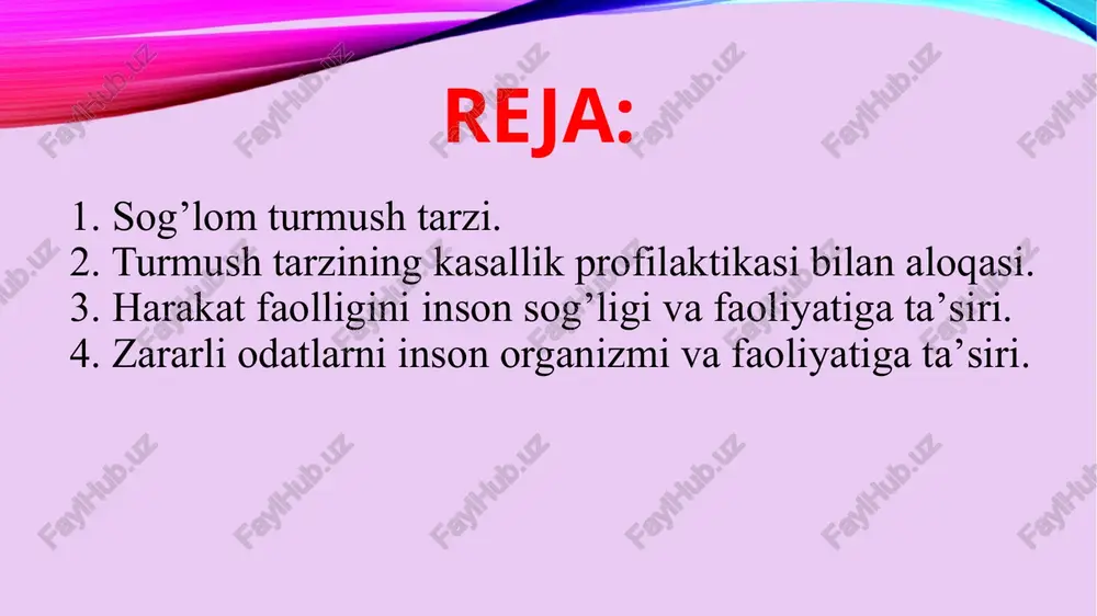 demak talab darajasida sog’likni saqlash ko’p jihatdan har bir insonning o’ziga, xarakteriga va turmush tarziga bog’liq ekan. ko’p asrlik tajriba turmush tarzi kasallik kelishini sekinlashtirishini yoki tezlashtirishini ko’rsatadi. shu bilan birga ma’lum tabiiy holatda insonning biologik soatlari faoliyati ham o’z manziliga etishi ham shubhasiz. bunday tashqari inson sog’ligi zahirasi birinchi navbatta shu insonning o’ziga bog’liq va ikkinchidan aniq bir insoniyat jamiyatining (mamlakatning davlatning) rivojlanish darajasiga ham bog’liq. tez-tez qaytariladigan, og’ir va uzoq vaqt davom etadigan kasalliklar insonni biologik soati yulrishini tezlatishga olib keladi. inkor qilib bo’lmaydigan tibbiy statistika shuni ko’rsatadiki, 30 yoshda ham yosh bo’lmasligi, sog’lom odam esa o’zining 50-60 yoshida ham yoshday bo’lishi mumkin. ko’p kasalliklar jumladan ruhiy tushkunlik ta’siri ostida yuzaga keladigan kasalliklar ta’sirida insonlarning erta qarishi yoki vafot etishi ma’lum. bunday salbiy holatlar tasodif emas, o’z sog’ligi holatini bilmaslik, unga e’tiborsizlik va oddiy elementar ehtiyotsizlik ham sabab bo’lishi mumkin. inson ko’p holda kasallikni ehtiyotsizlik, ba’zan eng oddiy …