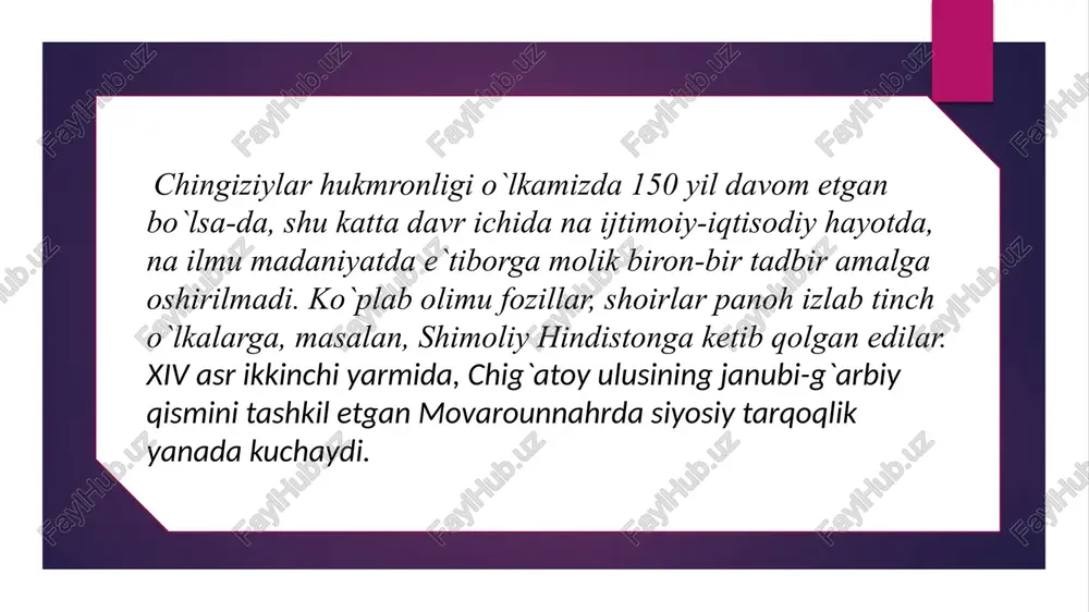 ratish mumkin. birinchisi, ilmiy-tarixiy va memuar asarlar bo`lsa, ikkinchisi adabiy-badiiy asarlardir. amir temur obrazi birinchi bo`lib tarixiy-memuar asarlarda yaratilgan. bularga ibn arabshohning «amir temur tarixi», ryun gonsales de klavixo «samarqandga temur saroyiga sayohat kundaligi» kabi va boshqa asarlar kiradi. amir temur obraziga murojaat sohibqironning tirikligidayoq boshlangan. ayniqsa, ovrupa uyg`onish davri ijodkorlari uning shaxsiga katta qiziqish bilan qaraganlar. uyg`onish davri gumanistlari jismoniy va ma`naviy yetuk komil inson idealiga intilganlar. xorijning mashhur tarixchilaridan e.gibbon, f.shlosser, g.veber, jan-pol‘ ru va boshqalar o`z asarlarida amir temur faoliyati haqida ma`lumotlar berganlar mustaqillik davri tom ma`noda hazrati temurning qayta tug`ilish davri bo`ldi. sohibqironning «bizkim, mulki turon, amiri turkistonmiz. bizkim, millatlarning eng qadimgi va eng ulug`i – turkning bosh bo`g`inimiz», degan gaplari xalqimizga milliy o`zligini, buyuk va jahonshumul an`analarga voris ekanligini chuqur anglashga xizmat qiladi. «amir temur tuzuklarini o`qisam, - degan edi prezident i.karimov-xuddi bugungi zamonning katta-katta muammolariga javob topgandek bo`laman 1995 yil dekabrda prezident i.karimov 1996 …