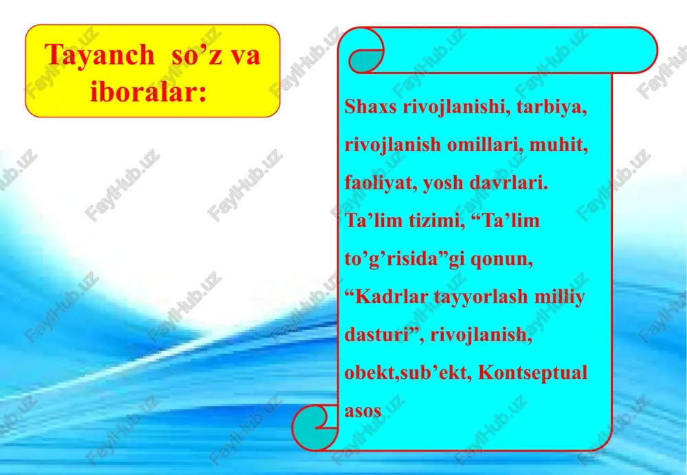 lish maqsadga muvofiq. shunday qilib, rivojlanish va tarbiya o’rtasida ikki tomonlama aloqa mavjud. shaklanish va rivojlanish. rivojlanish shartlari va omillari. irsiyat va rivojlanish. muxitni rivojlanishga tasiri. shaxsni shakllantirish – uning o’sishi, qandaydir yangi xususiyat va fazilatlarga ega bo’lish jarayonida. “shakllantirish” tushunchasi “tarbiyalash” tushinchasiga nisbatan kengroq bo’lib, u shaxs va jamoaning tarkib topishiga ta’sir ko’rsatadigan hamma narsani, shu jumladan, maqsadga muvofiq jarayonlar (o’qitish, tarbiyalash, ta’lim berish)ni ham, maqsadga nomuvofiq jarayonlar (shaxs va jamoaning o’z ichki tabiati, atrofdagi kishilar, narsalar, tabiat hadisalari va hokazolarning ta’siri)ni ham o’z ichiga oladi. “shakllantirish” va “tarbiyalash” tushunchalari jiddiy chegaralansa, insonni tabiat hadisalari tarbiyalaydi, deb bo’lmaydi. insonni faqat kishilar tarbiyalaydi, tabiat hodisalari shaxsni shakllantirishi mumkin, ammo uni tarbiyalay olmaydi. fanda, odamning shaxs sifatida rivojlanishiga biologik va iitimoiv omillarning ta`siri o’rtasidagi munosabatni belgilashga oid munozara ko’pdan buyon davom etmoqda. being due to the formation of the human bio social creatures, as well as the development of biological and …