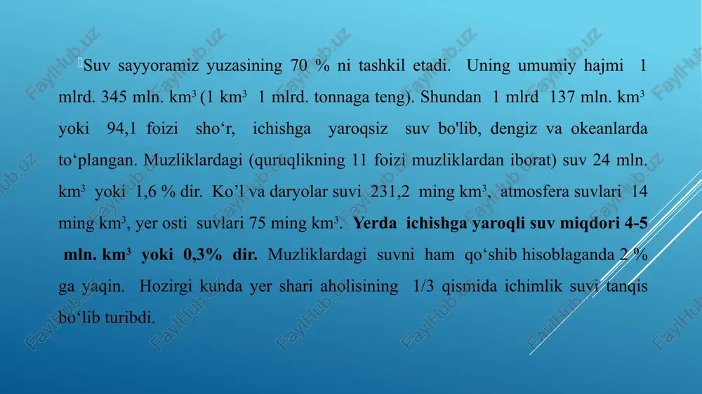 ani uchun yer osti suvlari juda tiniq, tarkibida organik moddalar va bakteriyalar bo‘lmaydi. bugungi kunda yer osti suvlarining 7%i ishlatilyapti. suvdagi qo‘shimchalar disperslik darajasiga ko‘ra, 3 guruhga bo‘linadi: zarrachalari 100 nmdan katta bo‘lganlari dag‘al dispers, 1–100 nmga tenglari–kolloid, undan kami molekulyar dispers, ya’ni chin eritmalar deb ataladi. suvlar ishlatilish sohasiga qarab, sanoat va ichimlik suvlariga bo‘linadi. ichimlik suvlariga alohida talablar qo'yiladi (bakteriyalar bilan ifloslanganlik darajasi, ta’mi, hidi, rangi). masalan; 1 ml suvda umumiy bakteriyalar miqdori 100 tadan oshmasligi kerak. shundan ichak tayoqchasi 1 litr suvda uchtadan ko‘p bo'lmasligi lozim. umumiy tuzlar miqdori 1000 mg/l, dan oshmasligi talab qilinadi. sanoat suvlariga bakteriyalar bilan ifloslanganligi (oziq-ovqat va ba’zi biokimyoviy sanoat tarmoqlaridan tashqari) muhim ahamiyatga ega emas. begona qo‘shimchalarning chegaraviy miqdori ishlab chiqarishning xarakteriga qarab turlicha bo‘ladi. suvning sifati: tiniqligi, tozaligi, rangi, hidi, harorati, umumiy tuz miqdori, qattiqligi, oksidlanishi va reaksiyasi kabi fizik-kimyoviy xossalari bilan aniqlanadi. suvning tiniqligi uning qanchalik qalinlik qatlamida biror …