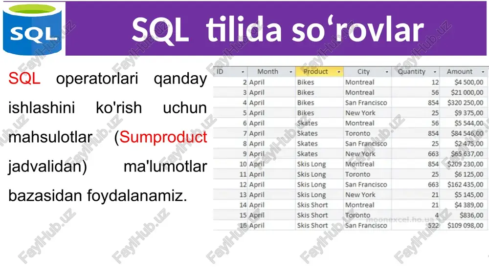 lect * from sumproduct where amount > 40000 and city = 'toronto' 18 sql tilida so‘rovlar 10. kengaytirilgan filtrlash (and, or) select * from sumproduct where month= 'april' or month= 'march' 19 sql tilida so‘rovlar 10. kengaytirilgan filtrlash (and, or) select * from sumproduct where (product = 'bikes' or product = 'skates') and month= 'march' 20 sql tilida so‘rovlar 11. kengaytirilgan filtrlash (in operatori) select * from sumproduct where id in (4, 12, 58, 67) 21 sql tilida so‘rovlar 12. kengaytirilgan filtrlash (not operatori) select * from sumproduct where not city in ('toronto', 'montreal') 22 sql tilida so‘rovlar ko'pincha, ma'lumotlarni filtrlash uchun tanlash shartning aniq mosligi bilan emas, balki taxminiy qiymati bo'yicha bajarish kerak bo'ladi. masalan, nomi ma'lum bir shablonga mos keladigan yoki ba'zi simvollar yoki so'zlarni o'z ichiga olgan mahsulotni qidiriladi. buning uchun sql tilida taxminiy qiymatlarni qidiradigan like operatori mavjud. bunday shablonni yaratish uchun metasimvollar (qiymatning bir qismini …