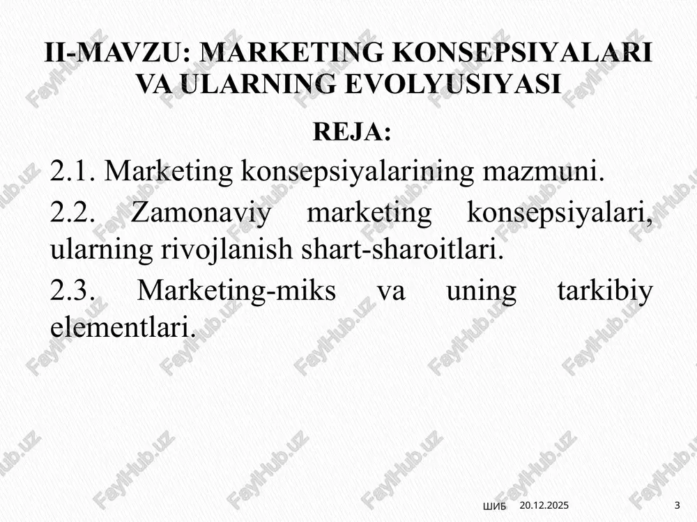 uzoqni ko’rolmaydigan marketing”ga olib kelishi mumkin. masalan, “o’zbekiston havo yo’llari” kompaniyasining rahbariyati mijozlarga faqat samolyot kerak deb o’ylab, boshqa qulayliklar va xizmatlarni tashkil etishni o’ylashmasa, u holda mijozlarini yo’qotib qo’yishi ham mumkin. 10 06.02.2025 shib marketing evalyusiyasining ikkinchi bosqichida tijorat faoliyatini jadallashtirish va marketingning umumiy konsepsiyalari (marketing-miks) vujudga keldi. bu konsepsiyalarda asosiy e’tibor tovarni sotishga va iste’molchilarga qaratilgan. tijorat faoliyatini (sotishni) jadallashtirish konsepsiyasi (selling concept) tovarni siljitish, sotish va sotilishlarini rag’batlantirish sohasida yetarli darajada, hatto agressiv harakatlar amalga oshirilmasa, iste’molchilar korxonaning tovarlarini kerakli miqdorda sotib olmaydilar – deb hisoblaydi. ko’pgina firmalar sotishda qiyinchiliklar tug’ilsa, ortiqcha ishlab chiqarish belgilari ko’rina boshlasa, mazkur konsepsiyani mo’ljal qiladilar. bunday firma va kompaniyalarning maqsadi - bozor talab qilayotgan tovarlarni ishlab chiqarish emas, balki ishlab chiqarilgan tovarlarni sotishdan iboratdir. 06.02.2025 shib 11 konsepsiya e’tiborning asosiy obyekti vosita, yutuq, maqsadlar daromadni oshirish manbai tijorat faoliyatini jadallashtirish (sotish) ishlab chiqarilgan tovarlar sotish tizimini takomillashtirish, reklama, sotishni kuchaytirish sotish …