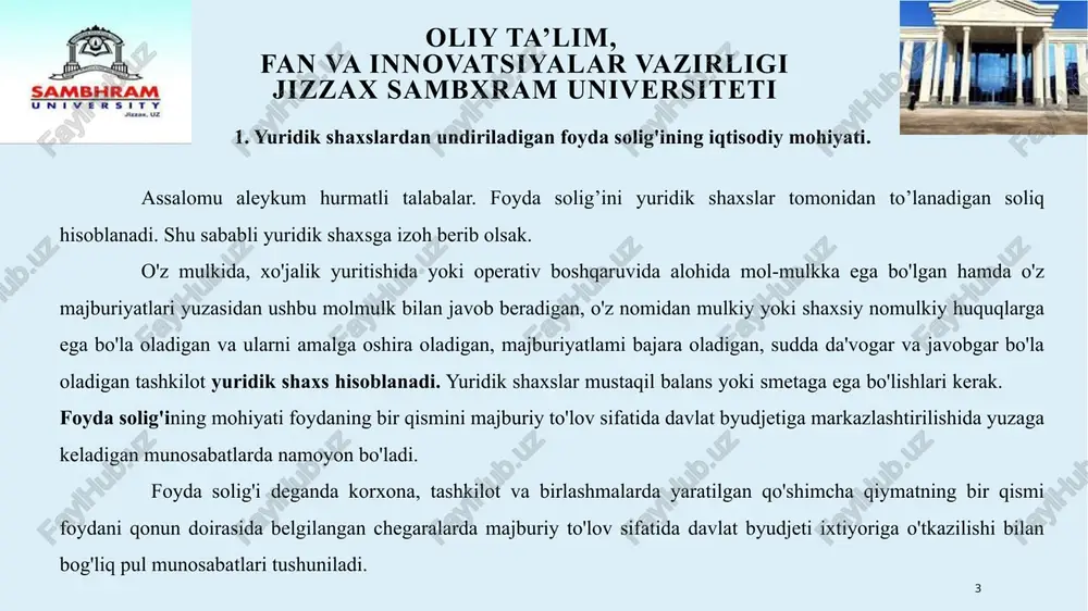 amalga oshirsalar, ular uchun soliq solinadigan baza eksport mahsuloti realizatsiya qilingan haqiqiy narxdan kelib chiqqan holda hisoblab chiqiladi. ushbu tartib savdo-vositachilik tashkilotlariga, shuningdek, tasdiqlangan ro'yxatga muvofiq xomashyo tovarlarini eksport qiluvchi ishlab chiqarish korxonalariga nisbatan tatbiq etilmaydi. ustav fondiga qo'shilgan, umumiy vazifalami hal etish uchun birlashtirilgan badallar, paylar va aniq maqsadga qaratilgan boshqa moliyaviy mablag'lar (kapital) ana shu vazifalami hal etish uchun maxsus tuzilgan yuridik shaxsning daromadlari hisoblanmaydi va soliq solish obyekti bo'lmaydi. 6 oliy ta’lim, fan va innovatsiyalar vazirligi jizzax sambxram universiteti 2. yuridik shaxslardan undiriladigan foyda solig'i. jami daromadga jo'natilgan tovar, bajarilgan ish]ar, ko'rsati]gan xizmatlar va boshqa operatsiyalar uchun yuridik shaxs olishi lozim bo'lgan (olgan) yoki tekinga olgan pul yoxud boshqa mablag'lar kiradi. bunday daromadlar jumlasiga quyidagilar kiradi 1 tovarlarni (xizmatlarni) realizatsiya qilishdan olingan daromad 2 asosiy vositalarning va boshqa mol-mulkning chiqib ketishidan olingan daromad 3 dividendlar va foizlar; 4 ilgari chegirib tashlangan xarajatlar yoki zararlaming o'rnini qoplash tarzidagi …