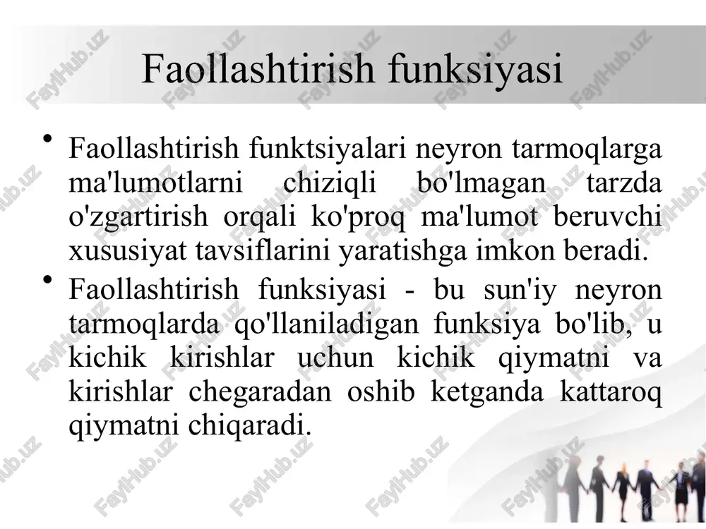 urlikka erishdi, bu esa yo'qolib borayotgan gradient muammosini yumshatish orqali mashg'ulot vaqtini qisqartirishga imkon beradi. neyron tarmoqlarda faollashtirish funksiyalarining roli faollashtirish funktsiyalari neyron tarmoqda qaror qabul qilish birliklari sifatida xizmat qiladi. ular kiritilgan ma'lumotlarning vaznli yig'indisini oladi va natijani ishlab chiqarish uchun transformatsiyani qo'llaydi, so'ngra keyingi qatlamga o'tkaziladi. neyron tarmoqlarda faollashtirish funksiyalarining roli ushbu jarayon tarmoqqa bashorat qilish xatosi asosida og'irliklarni sozlash orqali ma'lumotlardan o'rganish imkonini beradi. faollashtirish funktsiyasini tanlash modelning ishlashiga sezilarli ta'sir ko'rsatishi mumkin, chunki u tarmoqning ma'lumotlardagi murakkab munosabatlarni qanchalik yaxshi ushlab turishini aniqlaydi. faollashtirish funksiya algoritmlari 1.sigmoid algoritmi sigmoid — bu klassik faollashtirish funksiyasi bo‘lib, kirish qiymatini [0, 1] oraliqda silliq va chiziqli bo‘lmagan chiqishga aylantiradi kirish: real son x chiqish: son [0, 1] oraliqda — bu neyronning faollashish darajasi sifatida talqin qilinadi. faollashtirish funksiya algoritmlari 2. tanh (hyperbolic tangent) algoritmi tanh — bu hyperbolic tangent funksiyasining qisqartmasi. u sigmoid funksiyasiga o‘xshaydi, ammo chiqish oralig’i farq …