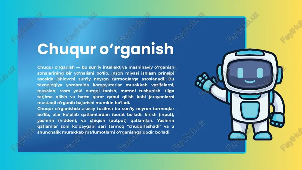 hi darajali iterativ algoritmdir . tasvirni tanish (image classification) — masalan, rasmda mushukmi yoki itmi deb farqlovchi model. maqsad joriy nuqtada funktsiyaning gradientiga (yoki taxminiy gradientiga) qarama-qarshi yo'nalishda takroriy qadamlar qo'yishdir , chunki bu eng keskin tushish yo'nalishidir. aksincha, gradient yo'nalishi bo'yicha qadam tashlash ushbu funktsiyani maksimal darajada oshiradigan traektoriyaga olib keladi; protsedura keyinchalik gradient ko'tarilish deb nomlanadi . bu, ayniqsa, xarajat yoki yo'qotish funktsiyasini kamaytirish uchun mashinani o'rganishda foydalidir. gradient tushishni mahalliy qidiruv algoritmlari bilan adashtirmaslik kerak , garchi ikkalasi ham optimallashtirish uchun iterativ usullardir . gradient descend (gd) gradient descend (gd) gradient tushishi odatda avgustin-lui koshiga tegishli bo'lib , uni birinchi marta 1847 yilda taklif qilgan. [ 2 ] jak hadamard 1907 yilda mustaqil ravishda shunga o'xshash usulni taklif qilgan. chiziqli bo'lmagan optimallashtirish muammolari uchun uning yaqinlashuv xususiyatlari birinchi marta hask [ 194 ] usulida o'rganilgan. keyingi o'n yilliklarda tobora yaxshi o'rganilib, foydalanilmoqda. gradient tushishning oddiy kengaytmasi, stokastik …