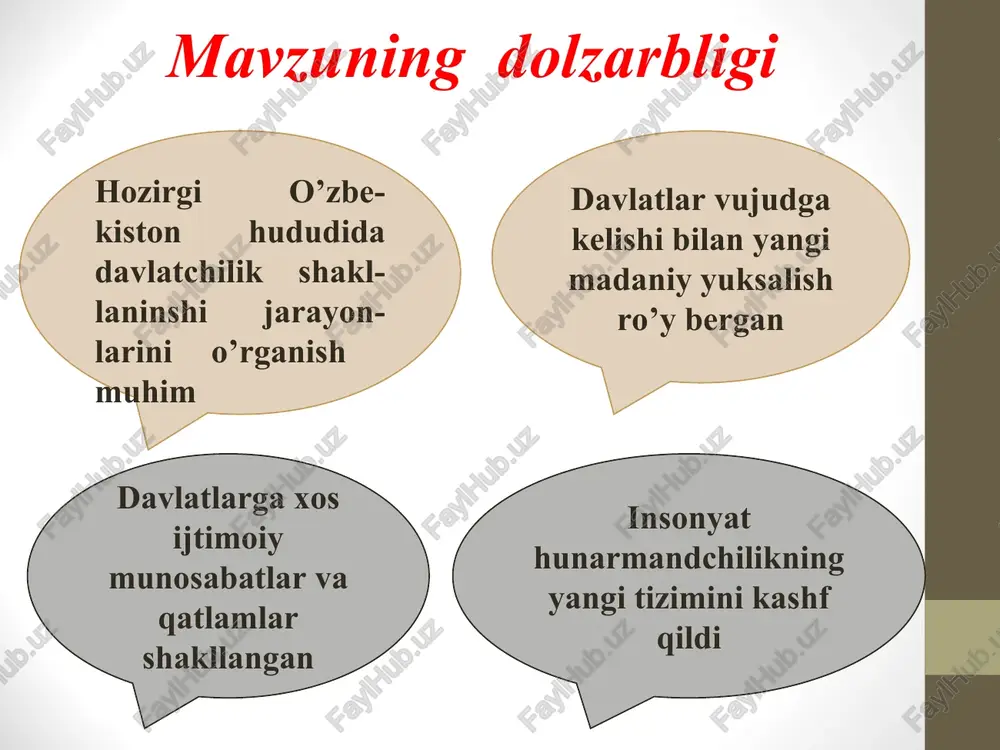 dam berdilar va shu erda o'rnashib qoldilar. milodiy i asrga kelib tarqoq bo`lgan beshta hokimlik – guyshuan, shuanmi, xisi, xyumi, xuanmilarni birlashtirgan kudzula kadfiz i bu davlatga asos soladi. kushonlar davri yangiliklari: pul islohoti kushon yozuviga asos solindi budda dini rasman davlat dini bo'ldi eng ilg’or sug’orosh uskunalari diploma-tik muno-sabatlar kengaydi gandxar madani-yati kushonlar davridagi madaniy yodgorliklar: - ayritom; - fayoztepa; - xolchayon; - dalvarzintepa va x.k. kushonlar davriga oid yodgorlik kushonlar davrida ijtimoiy sohaning hamma turlari – savdo, hunarmandchilik, zargarlik, me‘morchilik (suyak va yog'och o'ymakorlik), hakkoklik (metallga naqsh tushirish), chorvachilik, dehqonchilik yaxshi rivoj topgan. ilk o’rta asrlar davlatchiligi: mahalliy davlatlarning tashkil topishi eftalitlar hukmdorlari tangasi mahalliy davlatlarning tashkil topishi temuriylar hukmronligidan so'ng vujudga kelgan davlatlar shayboniylar davlati 1500-1599 yillar; ashtarxoniylar davlati 1601-1753 yillar. o'rta osiyo erlarining xonliklarga bo'linib ketishi shayboniylar davrida movaraunnahrda o'tkazilgan muhim islohotlar: ashtarxoniylar davlati… 1601 yil movaraunnahrda hokimiyat ashtarxoniylar qo'liga o'tadi. bu davrda mamlakatda taraqqiyot bo'lmadi. …
