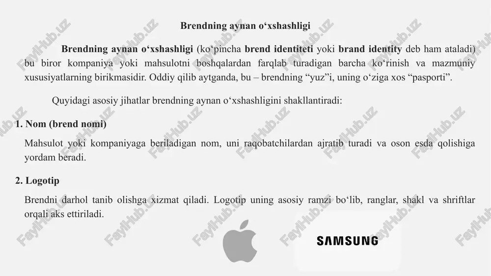 gan-missiya – firma falsafasini ifodalaydi, uning bukletida va logotipi ostida joylashtiriladi («always coca-cola»); opsion slogan – rejalashtirilgan aksiyalar uchun maxsus ishlab chiqiladi, korporativ slogan-missiyaga zid kelmasligi lozim. slogan ishlab chiqishdan oldin u qaysi tovar uchun yaratilishini tushunish zarur: 1) yangi tovar uchun slogan maksimal axborot beradigan bo‘lishi, ya’ni iste’molchi bu qanday tovar yoki xizmat ekanligini darhol tushunishi lozim; 2) unga talab pasayib ketgan mavjud tovar uchun slogan nasihat beradigan bo‘lishi lozim, masalan, reklama qilinadigan tovarni oddiy tovar bilan taqqoslash mumkin – «bizning yuvish vositamiz likopchalarni raqobatchilar vositasidan ko‘ra ikki baravar tezroq yuvadi». slogan yaratishda, eng avvalo, quyidagi axborotlarni tahlil qilish zarur: slogan predmeti (tovar, xizmat, kompaniya) va uning raqobatli ustunliklari; slogan maqsadi – sotuvni oshirish, taniqlilikni ta’minlash va h.k.; maqsadli muloqot doirasi tavsifnomasi; marketing kommunikatsiyalarini tanlash; sloganning kompaniya firma uslubi tizimidagi o‘rni. "just do it" "think different" "i'm lovin' it" "taste the rainbow" "red bull gives you wings" "have it …
