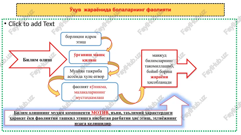 iy material, tushuncha, qoida, isbotlar turli xil mashqlarda takrorlanadi to'rtinchi bosqich bilim, ko'nikma va malakalarni amaliy faoliyatda qo'llashdan iborat bo'ladi. bilimlarni o'zlashtirish jarayonining tuzilishi ta'limning mazmunli va tashkiliy-metodik tamoyillarini aniqlashga doir chalkashtirilgan mantiqiy zanjirlar ta'limning mazmunli tamoyillari ta'limning tashkiliy-metodik tamoyillari quyida keltirilgan ta'limning tamoyillari bilan tanishing. ularni maqsadiga ko'ra ikki tur (mazmunli va tashkiliy-metodik)ga ajrating. insonparvarlik. tabiat bilan uyg'unlik. ko'rgazmalilik. onglilik, faollik, ijodiylik. madaniyat bilan uyg'unlik. tushunarlilik. ilmiylik. ta'limning amaliyot bilan uyg'unligi. izchillik, tizimlilik, ketma-ketlik. tarbiyalovchi ta'lim. o'quvchilarning yosh va individual xususiyatlarini hisobga olish. oqilona talabchanlik bilan ta'lim oluvchi shaxsini hurmat qilish. ta'limni mazmunli va tashkiliy-metodik tamoyillaridan tashkil topgan tizim sifatida e'tirof etish mumkin ta'limning mazmunli tamoyillari fuqarolik; ilmiyligi; tarbiyalovchi ta'lim; fundamentalligi va amaliy yo'nalganligi (ta'limning hayot bilan, nazariyaning amaliyot bilan bog'liqligi); tabiat bilan uyg'unligi; madaniyat bilan uyg'unligi; insonparvarligi. ta'limning tashkiliy–metodik tamoyillari ta'limning izchilligi, tizimliligi, ketma-ketligi; ta'limda onglilik va ijodiy faollik; ta'limda ko'rgazmalilik; ta'limning samaradorligi va ishonchliligi (mustahkamligi); ta'limning tushunarliligi; …