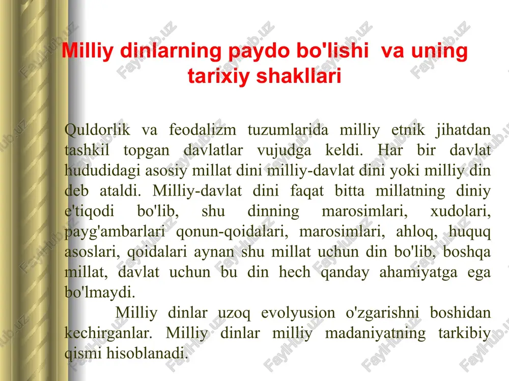 qiladi o'z mulki, daromadlariga ega xayr-ehson ishlari bilan shugullanadi yerusalim ibodatxonasi vayron etilgandan so'ng sinagoglar yahudiylar diniy haeti markaziga aylandi diaspora tufayli iudaizm diniga u erdagi dinlarning ham ta'siri kuchaydi iudaizm dinida payg'ambarlar muso, navin, ibrohim, ishoq iudaizm dinining muqaddas kitoblari qadimgi ahd (tavrod) talmud qadimgi ahd - musoning besh kitobi borliq loviy sonlar ikkinchi qonun chiqish «tavrot» iudaizm diniy ta'limotining asosi va ilohiylashtirilgan manbaidir «talmud» (yahudiy tilidan «o'rganish») diaspora davridagi iudaizmning g'oyaviy, diniy, huquqiy tasavvurlarini o'zida mujassamlashtirgan diniy kitob diaspora sharoitiga mos kelmay qolgan «tavrot»ga tafsir (sharh) yozish natijasida vujudga keldi «tavrot»ning yangi davrdagi — diaspora sharoitidagi — talqinidir iudaizm marosimlari dindor 365 ta taqiqni va 248 ta buyruqni yoddan bilishi yangi tug'ilgan chaqaloq 8 kunligidayoq sunnat qilinishi iudaizmga e'tiqod qiluvchilar tuya, chuchqa, quyon go'shtini emaydi iudaizm bayramlari shanba bayrami pasxa bayrami o'rim-yig'im bayrami yangi yil bayrami gunohlarini kechirishni so'rash kuni kuz bayrami bibliya tarixi xotirasiga bag'ishlangan bahor bayrami …