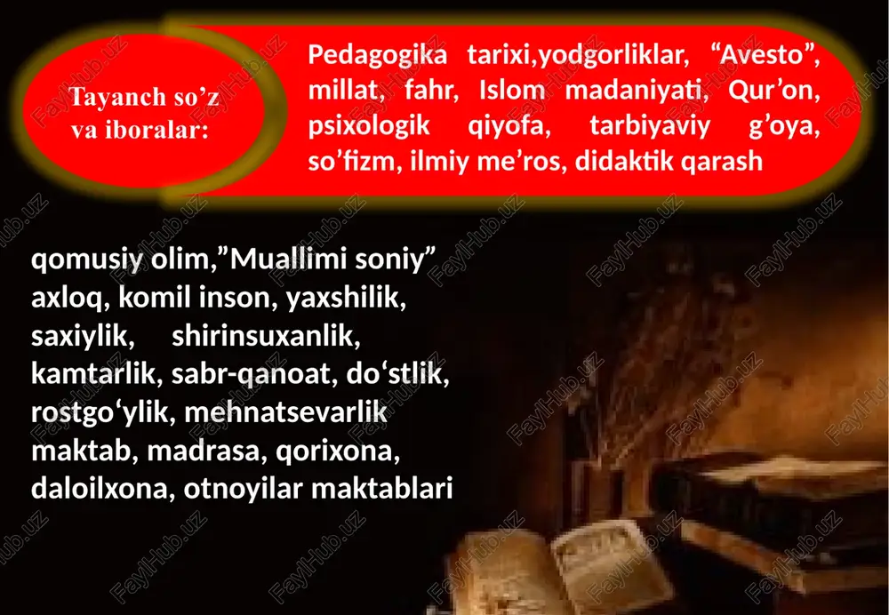 parkanaliklar kabi qabila va elatlar edi. keyinchalik ular bir-birlari bilan birlashib, yagona hududlar tashkil etishgan. bu taraqqiyot davri eramizdan oldingi ix- vi asrlarda paydo bo’lgan ahmoniylar, keyinchalik, eramizdan avvalgi iii asr o’rtalarida tarkib topgan yunon-baqtriya davlati, eramizning i asrida kushonlar, v asrda eftaliylar, so’ngra sosoniylar va nihoyat turk hoqonligi davrlarini o’z ichiga oladi. biz qadimgi madaniy-pedagogik boyliklarimizni o’rganishda quyidagi uch asosiy manbaga tayanib ish ko’ramiz: xalq og’zaki ijodi materiallari. buyuk adib va allomalarning ijodiy merosi. arxeologik topilmalar. “avesto” inson to’g’risidagi eng qadimiy yozma yodgorlik. eramizdan oldingi minginchi yillarning o’rtalarida eng qadimgi ajdodlarimiz tomonidan qahramonlik mazmunida juda ko’plab afsona, rivoyatlar aytilgan bo’lib, ular zardushtiylik dinining muqaddas kitobi - «avesto»ga kiritilgan eramizdan oldingi minginchi yillarning o’rtalarida eng qadimgi ajdodlarimiz tomonidan qahramonlik mazmunida juda ko’plab afsona, rivoyatlar aytilgan bo’lib, ular zardushtiylik dinining muqaddas kitobi - «avesto»ga kiritilgan the avesta /əˈvɛstə/ is the primary collection of sacred texts of the ancient aryan religion known …