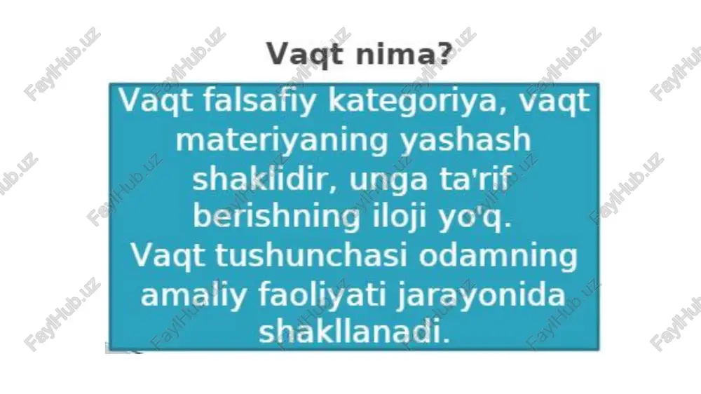 ishni va ularni amalda qgo'llashni o'rgatish. hozir soat 13.30. ikki yarim soat oldin soat nechchini ko'rsatgan? agy 3 9 ny oy df ey pes) a xa shakllantirish uchun go'llaniladigan vositalar >ko'rgazmali, tasvirli plakatlar( masalan, sutka qismlarini tasvirlovchi tasvirlar) yoki (bolaning kunlik rejasiga oid rasmlar to'plami) >tabel, kalendar >soat modellari: qum soat, quyosh soati.... >sekundomer >yil, oy, fasl kunlari sonini ifodalovchi ko'rgazma >vaqt kesmasi vaqt o'lchov birlklari jadvali 1 asr=100 yil 1 yil=12 oy=365 yoki 366 kun 1 oy=30 yoki 31, yoki 28 kun 1 hafta=7 sutka 1 sutka = 24 soat 1 soat = 60 minut 1 minut = 60 sekund 1. so’z turkumi 2. shoh va shoir 3. og'irlik olchovi 4. bilim manbayi 5. vaqt o’'lchov birligi soniyalar, ,dagiqalar; soatlar, kunlar, oylar, yillar, asrlar..« yvaqtning) bunday beto-xtov oqimi hammaga tanish. ko*pgina boshga hayotiy-falsafiy masalalar qatorida vaqt muammosi ham inson aqlini ming-ming yillar davomida band etib kelmoqda. insoniyat ozining butun …