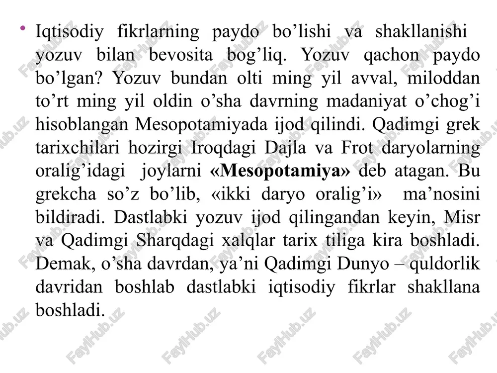 lik hisoblanib, u chandragupta i podshohligi davrida podsho maslahatchisi kautile bishnugupta tomonidan yozilgan. “artxashastra” dagi asosiy g‘oyalar (m.a. iv asr) dehqon, hunarmand mehnati va savdo faoliyati davlat uchun boylik yaratadi; davlat bozor bahosini tartibga solib turishi lozim; sug‘orish tizimlarini qurish hosilning manbai hisoblanadi; davlat yangi mintaqalarni tashkil etish va odamlarni u yerlarga o‘rnashtirish ishlarini amalga oshirishi lozimligi ko‘rsatiladi; podshoh to‘rtta ilmni bilishi zarurligi, ularning biri iqtisodiyot ekani ta’kidlanadi; iqtisodiyot dehqonchilik, chorvachilik va savdo faoliyatlari tarzida ko‘rib chiqiladi; mamlakatda o‘z davridan kelib chiqib, qishloq xo‘jaligi, ayniqsa, dehqonchilik asosiy soha hisoblangan. qadimgi xitoydagi iqtisodiy qarashlar 1.5. qadimgi xitoydagi iqtisodiy qarashlar konfutsiy(miloddan avvalgi 551 y.) asosiy vakil va oqimlar men-szi (miloddan avvalgi 372-229 yy.) syun-szi (miloddan avvalgi 313-238 y.) legistlar (qonuniy) oqimi (miloddan avvalgi 351 yy.) guan-szi (miloddan avvalgi iv asr) “daosizm” (aynan yo’l) (miloddan avvalgi iv asr) patriarxal munosabatlarni reglamentlashtirish davlat tuzumini mustahkamlashga xizmat qiladi. davlat-bu katta oila, podsho esa “xalqlarning otasi” …