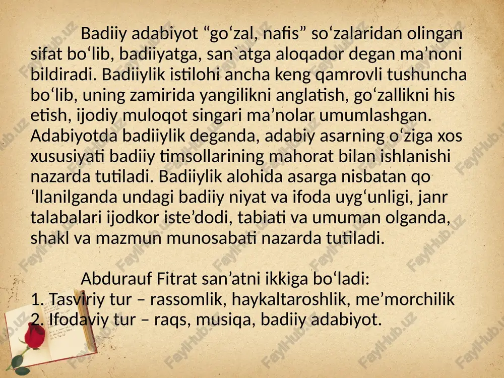 rganishda muhim adabiy manba sanaladi. shundan badiiy ad-tni “hayot darsligi” deb ataydilar. konseptuallik vazifasi. adabiyot – hayotni badiiy tadqiq etish vositasidir. a. kitobxonni bilishdan idrok etishga, undan anglashga va yanada chuqurroq qaraganda hayot hodisalarini tadqiq etishga qarab yo‘naltiradi. adabiyot hayotda va badiiy asarlarida insonlarning qadrini ko‘taradi va mana shu ma’noda har bir inson jamiyat uchun qadrli ekanligini anglash orqali jamiyatni taraqqiy ettirish ishiga hissa qo‘shadi. adib hayotning yangi modelini yaratar ekan, u o‘z asariga muallif konsepsiyasini singdiradi, dunyoni tadqiq etishning o‘z usulini tavsiya etadi. emotsional, hissiy tarbiya berish. bu bilan adabiyot inson tuyg‘ularini yangilaydi, uni his qilishga, sevishga, ardoqlashga o‘rgatadi. u kitobxon tuyg‘ulariga ta’sir etib, tuyg‘u uyg‘otuvchi ma’naviy kuchga ega bo‘lishi kerak, aks holda adabiyot tashigan tuyg‘ular chala, yuzaki, engil-elpi va muayyan maqsadga yo‘naltirilmay qoladi. emotsional tarbiya jarayonida adabiyot san’at turi sifatida kitobxonga lazzat bag‘ishlaydi. badiiy ijod odamlarga go‘zallikni anglatishi va badiiy haqiqati bilan quvonch keltira-di. san’atning gedonistik funksiyasi har …