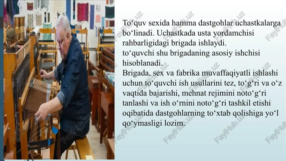 dastgohni ishlatishda to‘quvchi asosan tanda va arqoq iplarining uzig‘ini yo‘qotish, mokisiz dastgohlarda arqoq ipi tugagan babinani to‘lasi bilan almashtirish, to‘qimada hosil bo‘layotgan nuqsonlarni yo‘qotish, tanda va to‘qimaga ma’lum taranglik berish, dastgohni ishga tushirish va boshqa ishlarni bajarish bilan shug‘ullanadi. shu sabablarga ko‘ra dastgoh- larning to‘xtashiga yo‘l qo‘ymaslik maqsadida to‘quvchi dastgohlardagi tanda i◻lari va to‘qimani ma’lum tartibda nazorat qilib turadi. yuqorida qayd etilgan har bir usul bir necha ish element- larini ma’lum tartibda bajarishdan iborat. masalan, tanda ipi uzig‘ini yo‘qotishda avvalo to‘quvchi uzuq dastgohning qaysi qismida sodir bo‘lganligini aniqlashi lozim. tanda iplarining yo‘nalishi bo‘yicha dastgoh uch zonaga bo‘lingan bo‘ladi: to‘quv g‘altagidan lamellargacha; lamellardan shodalargacha va shodalardan to‘qima boshlanish joyigacha. to‘quvchi tanda uzig‘ini topishda (agar u to‘qima tomonda turgan bo‘lsa), to‘qimada hosil bo‘lgan nuqson orqali, to‘quv g‘altagi tomonidan esa lamellarni maxsus dasta vositasida harakatga keltirib aniqlashi; dastgohning orqa tomonidan lamellarni maxsus dasta vositasida harakatga keltirib aniqlashi mumkin. keyin to‘quvchi dastgohning orqa tomonida …