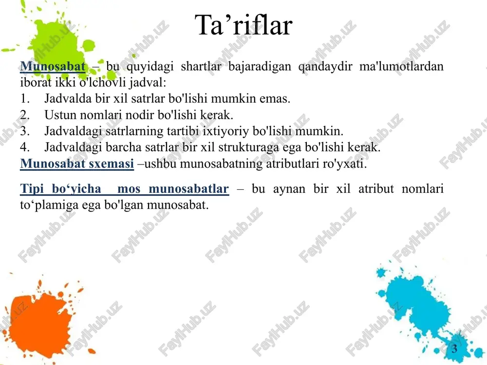 abatining b qismiy to'plamining qiymatlar to'plami. № tovar n1 olmalar n3 armut n4 olxo‘ri magazin kopeyka monetka № tovar magazin n1 olmalar kopeyka n1 olmalar monetka n3 armut kopeyka n3 armut monetka n4 olxo‘ri kopeyka n4 olxo‘ri monetka bo'lish amalni tushunish va foydalanish juda murakkab, shuning uchun amaliyotda u boshqa amallar kombinatsiyasi bilan almashtiriladi tutashtirish 12 ikki munosabatni qandaydir shartga ko'ra tutashtirish deb, ushbu munosabatlarning dekart ko‘paytmasi natijasiga shart bo'yicha tanlash amali qo'llanilishi yo‘li bilan olingan munosabatga aytiladi. kt tovar magazin n1 olmalar kopeyka n3 armut monetka n4 olxo‘ri kopeyka kp magazin shahar p1 kopeyka namangan p3 monetka qarshi p4 monetka samarqand kt tovar magazin kp magazin shahar n1 olmalar kopeyka p1 kopeyka namangan n3 armut monetka p3 monetka qarshi n3 armut monetka p4 monetka samarqand n4 olxo‘ri kopeyka p1 kopeyka namangan join – tabiiy tutashtirish misollar 13 4 guruhlarini ko'rsatgan holda talabalarning fish ro‘yxatini hosil qiling. 1. 1996-yil 1-sentyabrgacha …