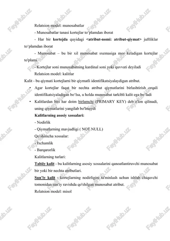 har bir elementi (atributi) bitta ma'lumot elementidan iborat bo'ladi - jadvalning har bir ustuni bir jinsli, ya'ni ustunning barcha elementlari bir xil xususiyatga (bitta ma'lumotlar turiga) ega - ustunlar noyob nomlanadi - jadvalda ikkita bir xil satr mavjud emas - sart va ustunlarni ixtiyoriy tartibda qarab chiqish mumkin odatdagi jadval va munosabatlarning farqi: atribut qiymatlarining atomligi r1 – normallashmagan munosabat r2 – normallashgan munosabat ta’minotchikodi tovarkodi tovar ta’minotchikodi tovarkodi tovar p1 1 2 13 shakar tuz un p1 1 shakar p1 2 tuz p1 13 un p2 26 58 130 162 guruch grechka non yog‘ p2 26 guruch p2 58 grechka p2 130 non p2 162 yog‘ p3 474 891 sut qatiq p3 474 sut p3 891 qatiq relatsion model: misol sun’iy kalitlardan foydalanishga misol clients jadvali. adreslar name address city state country gerry farish 127 caesar chaver st. san francisco ca usa celia brock 246 3rd st. sonoma ca …