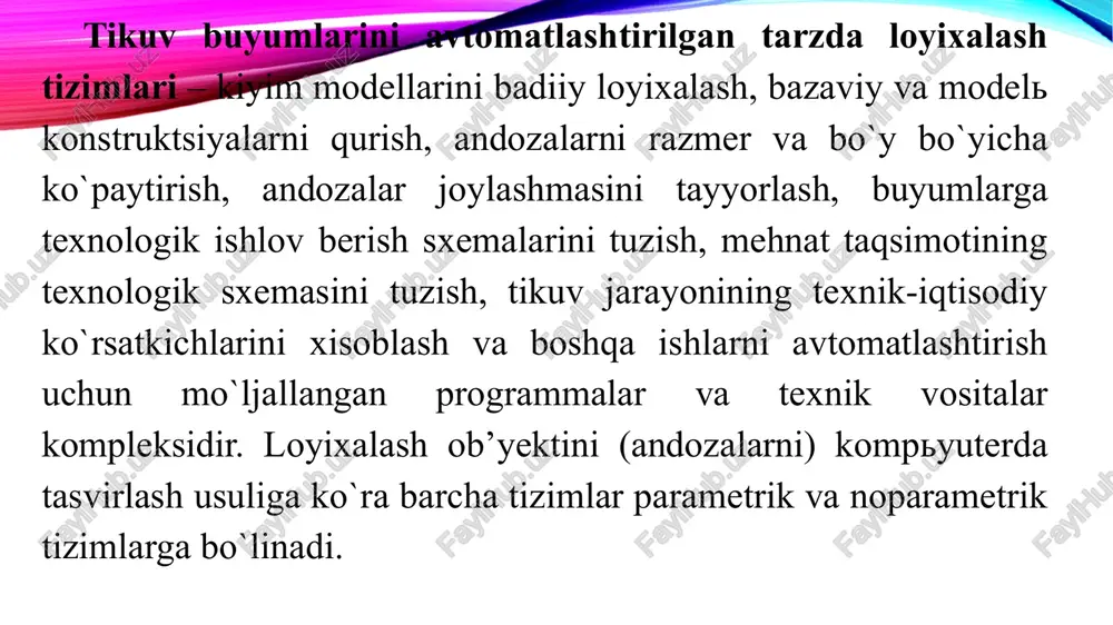 n moduli, uch o`lchamli ob’yektlarni vizual ko`rinishda tasvirlovchi v-stitcher kabi maxsus programma modullari mavjud. “konstruktor” –andoza konturlarini konstruktsiyalash, “siluet” - andoza konturlarini konstruktiv modellashtirish, “accumark” – andazalarning avtomatlashtirilgan joylashmalarini bajarish uchun mo`ljallangan. yordamchi programma modullariga egri chiziqlarni oson tasvirlay oluvchi va ular shaklini o`zgatiruvchi opengl grafik biblioteka (uch o`lchamli grafika programma), ma’lumotlar konvertori kiradi. ma’lumotlar konvertori boshqa sapr tizimlarida qurilgan andoza konturlarini xam “o`qish”, foydalanuvchi uchun qulay formatda ko`rsatish imkoniyatiga ega. ko`pchilik kiyim uchun mo`ljallangan zamonaviy alt konstruktorlik tizimlari turli funktsional imkoniyatlarini kengaytirish yo`nalishida rivojlanmoqda: grafik elementlarni qurishning turli usullarini yaratish, taxrirlash; oddiy grafik vositalardan andoza elementlarini shakllantirish, andozalarni taxrirlash; gradatsiya qoidalarini berish va tekshirish; uzunlik, burchak kattaligi, kiyimlarni avtomatlashtirilgan tarzda konstruktiv modellash usullariga agregatlash, kombinatorika, andazalarni qurishni algoritmlash, bazali asosni konstruktiv-dekorativ modifikatsiyalash kabilar kiradi. agregatlash (modulli loyihalash) usuli turli modellarni standart va unifikatsiyalangan bo`laklarning (konstruktiv modullarning) cheklangan sonidan tuzishga asoslangan. konstruktiv modullar ro`yxati konstruktiv parametr, kontur chiziq va detallarning …