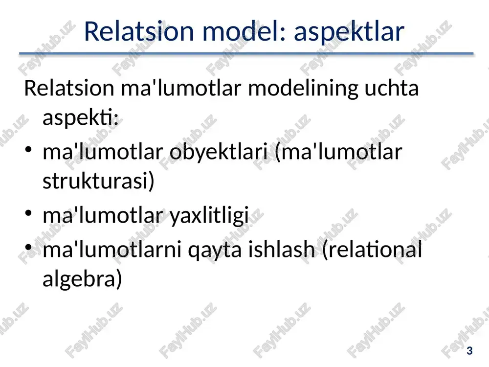 kkita bir xil satr mavjud emas sart va ustunlarni ixtiyoriy tartibda qarab chiqish mumkin 16 16 relatsion model: xossalari odatdagi jadval va munosabatlarning farqi: atribut qiymatlarining atomarligi 17 17 relatsion model: misol 18 sun’iy kalitlardan foydalanishga misol: 18 relatsion model: aloqa (masala) masala: clients jadvaliga telefon raqamlar ustun qo'shish talab etiladi. ko‘pchilik odamlar bir nechta telefon raqamlariga ega (uy, uyali, ish). atribut atomiklik xossasining ziddiyati yoki ma'lumotlarning ortiqchaligi ikkinchi jadvalga bo'lgan zaruriyat 19 19 relatsion model: aloqa (misol) 20 20 relatsion model: aloqa (misol) 21 21 relatsion model: aloqalar (tushunchalar) relatsion model ma'lumotlar bazasini o'zaro aloqadagi munosabatlar to'plami sifatida ifodalaydi har bir aloqada bitta munosabat asosiy (ajdod), ikkinchisi esa tobe (avlod) vazifasini bajaradi asosiy munosabatning bir korteji tobe munosabatning bir nechta korteji bilan bog‘lanishi mumkin 22 22 aloqa uchun asosiy munosabatning asosiy kaliti (parent) ishlatiladi asosiy kalit odatda asosiy munosabatlarning birlamchi kaliti (primary key) olinadi tobe munosabatda asosiy munosabatning birlamchi …