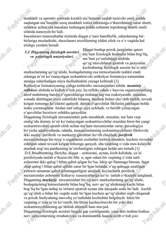 ash esa – mashg‘ulotda chuqurlashish bilan bog‘liq. diqqatning inson psixik faoliyatida tutgan o‘rnini tushunish uchun o‘zingizni biror-bir jismlar guruhiga qarayotgandek tasavvur qiling. ko‘rish maydoningizning markazida joylashgan ba’zi bir jismlar aniqroq, ko‘rish maydoningizning chetida turganlari esa aksincha idrok etiladi. shunga o‘xshash hodisani ongimizga nisbatan ham tuzish mumkin: faoliyatimiz mohiyati ongimizning markazini egallagan bo‘ladi; ahamiyatga molik bo‘lmaganlari esa ongimizdan chetga surilib qoladi. lekin boshqacha ham bo‘lishi mumkin: siz qandaydir jismga qaragan holda, umuman, boshqa narsa haqida o‘y surasiz. bunda ongingizning «markaziy maydoni» ko‘rayotganingiz bilan emas, o‘ylayotganingiz bilan band bo‘ladi. ongimizni grafik tarzda tasvirlaydigan bo‘lsak, biri ikkinchisiga joylashgan ikki aylana ko‘rinishida chizish zarur. katta aylana aniq bo‘lmagan ong, kichik aylana esa, – aniq ong yoki diqqat deb ataladi.[2] psixik bilish jarayonlarining yo‘nalganligi va tanlash xususiyati diqqat bilan bog‘liq. diqqat bilan idrokning aniqligi va izchilligi, xotiraning mustahkamligi va tanlash xususiyati, aqliy faoliyatning yo‘nalganligi va samaradorligi, qisqasi, umuman bilish faolligining sifati va natijalari aniqlanadi. perseptiv …