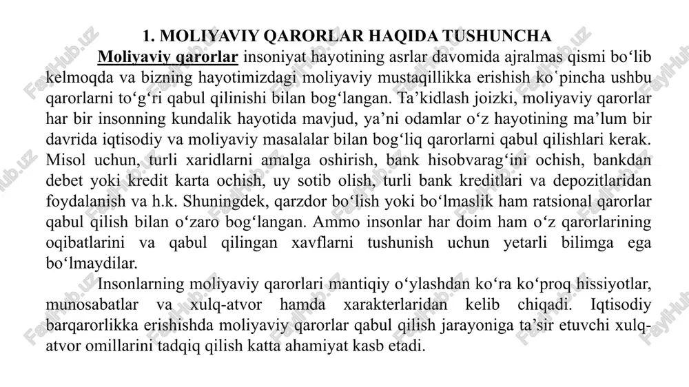 ashtiradi). bu mablag‘larning umumiy nomi bor. ular aktivlar nomini olgan. iqtisodiy qiymatga ega bo‘lgan barcha narsalar aktivlar deyiladi. uy xo‘jaliklarining o‘zlari to‘plagan mablag‘larni sarflash borasida qaror qabul qilish jarayoni xususiy investitsiyalash yoki pul mablag‘larini turli aktivlar turlari o‘rtasida taqsimlash deb ataladi. xususiy uy sotib olish bilan bir qatorda odamlar ko‘pincha o‘z mablag‘larini moliyaviy aktivlarga, masalan aksiya yoki obligatsiyalarga tikadilar. agar odam pul qarz olsa, u o‘zida yuzaga kelgan qarz majburiyati bilan bog‘liq ma’lum javobgarlikni o‘z zimmasiga oladi. boshqacha qilib aytganda, unda qarz paydo bo‘ladi. uy xo‘jaligi boyligi yoki mulkining sof bahosi uning mulki bahosidan uning qarz majburiyatlari summasini ayirish orqali aniqlanadi. 3. xo’jalik yurituvchi subyektlar tomonidan qabul qilinadigan moliyaviy qarorlar firmalar darajasida moliyaviy qarorlar qabul qilish masalalari bilan shug‘ullanadigan moliya sohasi korxonalar moliyasi yoki korporativ moliya deb ataladi. tovar ishlab chiqarish yoki xizmat ko‘rsatish uchun har qanday firma, hajmidan qat’iy nazar kapitalga ega bo‘lishi kerak. bino, inshoot, mashina uskunalari va …