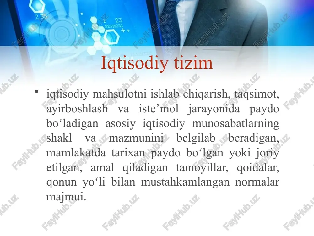 ud doirasida anʼanaviy qoidalarga, urf-odatlarga koʻra, amalga oshadi; iqtisodiy faoliyat jamoa va yakka xususiy mulkka asoslanadi; aholi turmush darajasi past boʻladi. rejali yoki buyruqbozlik-ma`muriy iqtisodiyot tizimi. bu to`la-to`kis davlatlashtirilgan iqtisodiy tizimdir. uning asosi davlat mulki hisoblanadi, ishlab chiqarish davlatning reja-topshiriqlariga binoan yurgiziladi, nima ishlab chiqarish masalasi davlatning buyrug`iga binoan hal etiladi. bozor iqtisodiyoti tizimi – bu iqtisodiyotni rivojlantirishda eng muhim bo’lgan tizimdir. bu ikki bosqichga egadir. birinchisi, erkin raqobatga asoslagan klassik bozor iqtisodiyoti, ikkinchisi esa, hozirgi zamon rivojlangan bozor iqtisodiyoti bo’lib, uni aralash iqtisodiyot tizimi deyiladi. aralash tizim iqtisodiyoti rivojlangan mamlakatlarda xususan aqsh kanada va evropa mamlakatlarida mavjud. o`zbekiston mustaqillik yillari davomida reja iqtisodiyotidan bozor iqtisodiyoti – aralash iqtisodiyotga o`tmoqda. aralash iqtisodiy tizim. bu har xil darajada bozor va reja (nobozor) aloqa-munosabatlarining qorishmasidan iborat tizimdir. bu tizimda bozor vositalari bilan birgalikda rejalashtirish, hamkorlik va saxovatga asoslangan iqtisodiy aloqalar mavjud bo`ladi. iqtisodiyoti yuksak texnologiya, g`oyat yuqori mehnat unumdorligiga asoslanadi, bu esa …