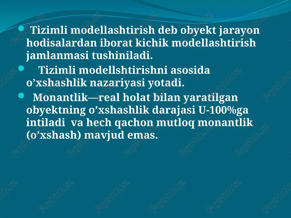 , bu usul umumiy ko’rinishda tenglamalarni yechishni bilmasdan, aniq boshlang`ich ma`lumotlarda sonli natijalarni olish kerak bo`lganda qo`llaniladi; v) sifatli, bu usul anik ko’rinishda yechimni olmasdan, yechimning ba`zi xossalarini topish mumkin(masalan, yechimning turg`unligini baholash) bo`lganda qo`llaniladi. imitatsion modellash: imitatsion modellashda tizimning vaqt bo`yicha ishlash jarayonini amalga oshiruvchi modelning algoritmi qayta ishlab chiqiladi va shu bilan birga elementar hodisalar imitasiyalanadi. immtasion modellar ko’plab tasodifiy ta`sirlar va boshqa tahliliy tadqiqotlarda qiyinchiliklarni tez-tez paydo qiladigan omillarni hisobga olish imkonini beradi. bunda avval statistik sinovlar usuli ishlab chiqiladi va u o’zi tasodifiy qiymatlar va funksiyalarni modelash uchun qo’llaniladigan sonli usulni ifodalaydi hamda ularning ehtimollik xarakteristikalari tahliliy masalalar yechimlari bilan mos tushadi (bunday prosedura monte - karlo usuli deb ataladi). shundan keyin bu usuldan tasodifiy ta`sirlarga duchor bo’lgan tizimlarning ishlash jarayonlari xarakteristikalarini tadqiq qilish maqsadida mashinali imitasiya uchun foydalana boshlashdi, ya`ni statistik modellash usuli paydo bo’ldi. kombinatsiyalangan modellash (tahliliy-imitasion) tizimlarning tahlili va sintezida tahliliy va imitasion …