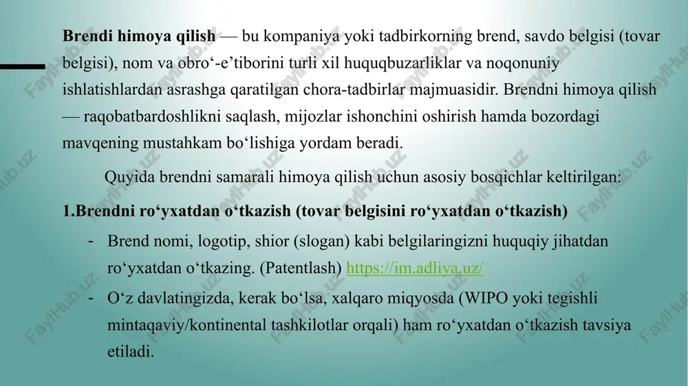 g‘liq munosabatlarni tartibga soladigan asosiy normativ-huquqiy hujjatlar quyidagilar hisoblanadi: o‘zbekiston respublikasining “raqobat to‘g‘risida” gi qonuni, 2012-yil 6-yanvar; o‘zbekiston respublikasining qonuni “tovar belgilari, xizmat ko‘rsatish belgilari va tovar kelib chiqqan joy nomlari to‘g‘risida”, 2001-yil 30-avgust. o‘zbekiston respublikasi jinoyat kodeksi; o‘zbekiston respublikasi ma’muriy javobgarlik kodeksi; o‘zbekiston respublikasi bojxona kodeksi. tovar belgisi egasi o‘z tovar belgisidan quyidagi yo‘llar bilan foydalanish huquqiga ega: a) uni ushbu tovar belgisi ular uchun ro‘yxatdan o‘tkazilgan tovarlarda va/yoki bunday tovarlar o‘rovlarida qo‘llash; b) undan reklamada, bosma mahsulotlarda, rasmiy blankalarda, o‘zbekiston respublikasida o‘tkazilayotgan ko‘rgazma va yarmarkalarda eksponatlar namoyish etishda foydalanish; c) qonun hujjatlarida taqiqlanmagan boshqa usullarda qo‘llash. bunda tovar belgisi egasi bilan litsenziya bitimi tuzgan shaxslarga ro‘yxatdan o‘tkazilgan tovar belgisidan imtiyozli asosda foydalanish huquqi beriladi. qonunga ko‘ra, tovar belgilari sifatida quyidagi belgilar ro‘yxatdan o‘tkazilishi mumkin: so‘z bilan ifodalanadigan xarakterga ega bo‘lgan, so‘z yoki harflar birikmasi ko‘rinishidagi so‘z bilan ifodalanadigan; yuzadagi har qanday shakldagi figuralar, chiziqlar kompozitsiyasi tasvir bilan ifoalanadigan; …
