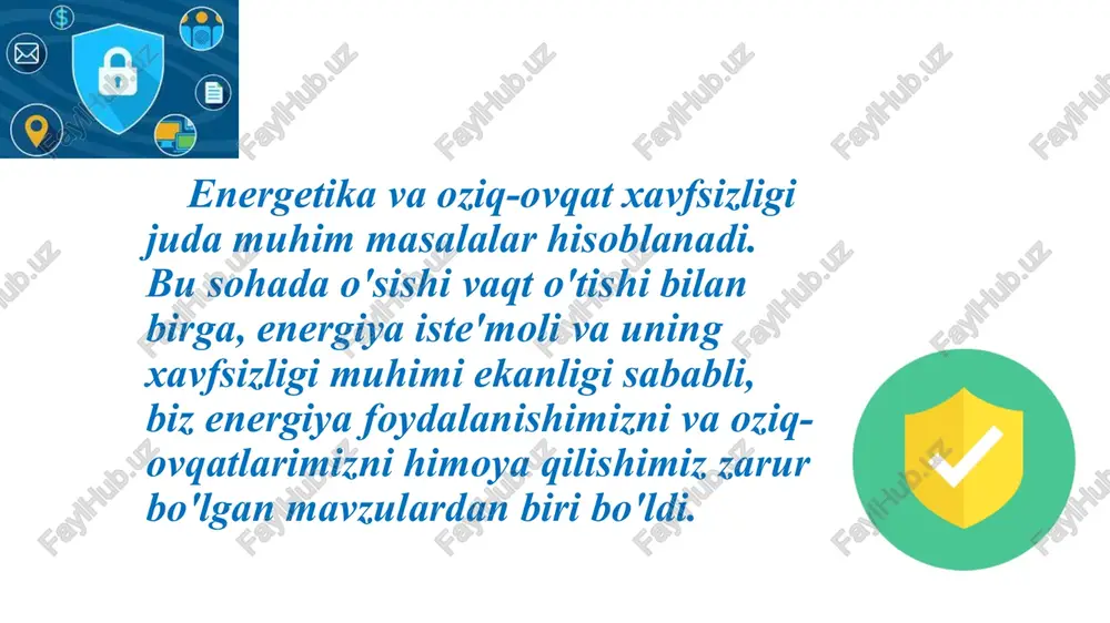 jumladan, 3,2 million gektar sug‘oriladigan ekin maydonlarida aholi ehtiyojlari uchun oziq-ovqat mahsulotlari, iqtisodiyot tarmoqlari uchun zarur xomashyo yetishtirilmoqda. hozirgi vaqtda 180 dan ortiq turdagi qishloq xoʻjaligi va oziq-ovqat mahsulotlari 50 dan ortiq mamlakatga eksport qilinmoqda. mamlakat oziq-ovqat xavfsizligini ta’minlash bo’yicha o’zbekiston respublikasi prezidenti 2018-yil 16-yanvardagi “mamlakatning oziq-ovqat xavfsizligini yanada taʼminlash chora-tadbirlari toʻgʻrisida”gi farmoni hamda oʻzbekiston qishloq xoʻjaligini rivojlantirishning 2020-2030-yillarga moʻljallangan strategiyasi ishlab chiqilgan. masalan, strategiyada oʻzbekistonda 2018-yil holatiga koʻra aholi oʻrtasida umumiy toʻyib ovqatlanmaydiganlarning "ekonomika i sotsium" №3(106)-1 2023 www.iupr.ru 236 ulushi 6,3 foizni tashkil etishi koʻrsatib oʻtilgan. ushbu ulushni 2025-yilga kelib 3 foizgacha kamaytirish, 2030-yilga borib nol darajaga tushurish belgilab berilgan image1.png image2.jpeg image3.png image4.jpeg image5.jpeg image6.jpeg image7.jpeg image8.jpg image9.jpeg image10.jpeg image11.jpeg image12.jpg image13.jpeg image14.jpeg image15.jpg image16.jpeg ©. a meva-sabzavot mahsulotlari eksporti uzum 74,7 min. aqsh dollari 113,0 ming tonna es 505%) uzum quritilgan quritilgan 54,1 min. 71,0 min. 39,6 min. 38,2 min. aqsh dollari aqsh dollari aqsh dollari …