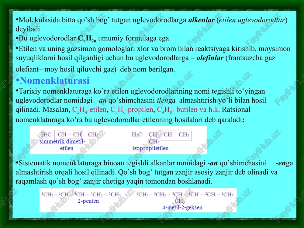 a bo’ladi)dan olinadi. toza propilen propanni degidrogenlash bilan sintez qilinadi. u organik sintezda bir qator muhim mahsulotlar (izopropilbenzol, izopropil spirt, glitserin, atseton, fenol, epixlorgidrin, akrilonitril, sintetik kauchuk) ni olishda xom ashyo sifatida ishlatiladi. butenlar. butenlar neftning qayta ishlash mahsulotlarini kreking qilish jarayonida hosil bo’ladi. butenlar kuchsiz hidli, rangsiz gazlardir. buten-1 va buten-2 asosan 1,3-butadienni, shuningdek, butil spirtlar, butandiollarni olishda ishlatiladi. izobutilendan poliizobutilen, izopren va izooktan olinadi. muhim vakillari qo’llanilishi hc — ch- ch= crh | ch; izopropiletilen 1ch;—2ch = ch — “ch; — 5ch; 6ch3— sch) — “gh —3ch = 2ch —!chs 2-penten ch; 4-metil-2-geksen 6ch; —5ch — {ch ~ 3¢h ~°ch ='cey ch. ch) — ch) — ch; 5-metil-3-propil-1-geksen uglerodning elektron konfigurasiyasi +t as +b 15 i h-g-h metan h c=c qo'sh bog'ning hosil bo'lishi ; ; mm oe hc ch hcl oh é » c=c. c=c hom ho och sis-2-buten trans-2-buten > cf -t0r teen —, vo i …