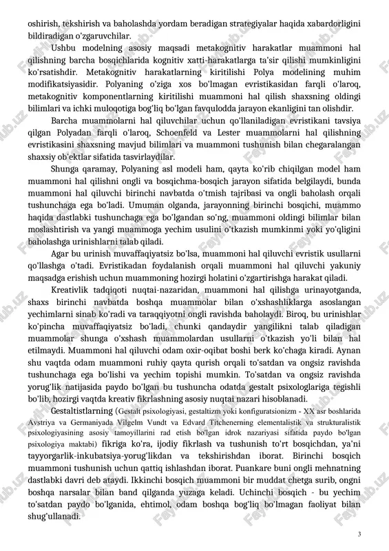 tadi. u tushunish strategiyalarini, ma'lumotni tahlil qilishni, dastlabki va keyingi taqdimotni, tanishlik va muvaffaqiyat imkoniyatlarini baholashni o'z ichiga oladi. tashkilot maqsadlarni aniqlash, global rejalashtirish va mahalliy rejalashtirishni anglatadi. amalga oshirish toifasi rejalarga muvofiq xatti-harakatlarni tartibga solishni anglatadi. u mahalliy harakatlarning bajarilishini, mahalliy rejalarning borishi va izchilligini kuzatishni va o'zaro qarorlarni (tezlik va aniqlik) o'z ichiga oladi. nihoyat, tekshirish qabul qilingan qarorlarni baholash va bajarilgan rejalar natijalarini baholashdan iborat. u yo'nalish, tashkil etish va ijro toifalarida amalga oshirilgan harakatlarni baholashni o'z ichiga oladi. modelning metakognitiv komponenti o'zgaruvchilarning uchta sinfidan, ya'ni shaxs o'zgaruvchilari, vazifa o'zgaruvchilari va strategiya o'zgaruvchilaridan iborat. shaxs o'zgaruvchilari shaxsning e'tiqod tizimi va ishlashga ta'sir qilishi mumkin bo'lgan ta'sirchan xususiyatlarini bildiradi. vazifa o'zgaruvchilari vazifaning mazmuni, konteksti, tuzilishi, sintaksisi va jarayoni kabi xususiyatlariga ishora qiladi. biror kishining vazifaning xususiyatlarini bilishi ishlashga ta'sir qiladi. va nihoyat, strategiya o'zgaruvchilari – bu shaxsning tushunish, tashkil etish, rejalarni amalga oshirish, tekshirish va baholashda yordam beradigan …
