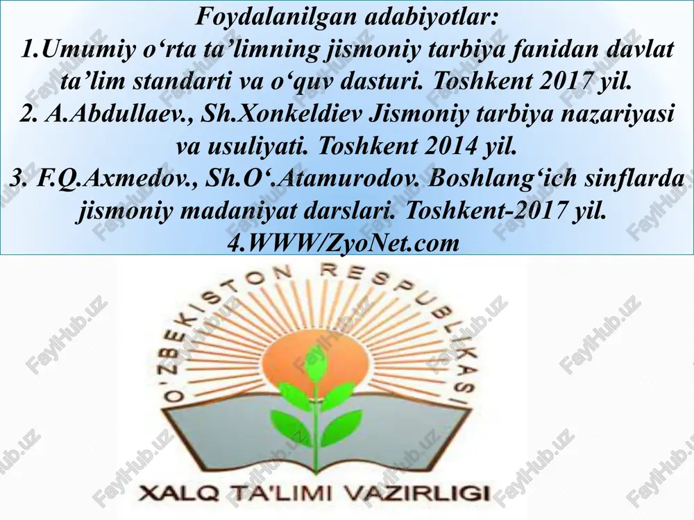 ni bajara oladi saflanish va yurish qoidalarini bajara oladi harakatli o‘yin turlari va ularning qoidalarini biladi jismoniy mashqlarni inson salomatligiga ta’sirini biladi shaxmatning boshlang‘ich o‘yin qoidalarini biladi a 2 talab jismoniy mashqlarni bajarishda gigienik qoidalarni biladi gimnastika anjomlaridan xavfsiz foydalana oladi yengil atletikaning inson salomatligida tutgan o‘rnini biladi basketbol, voleybol, qo‘l to‘pi, futbol sport o‘yinlarining himoya va hujum usullarini biladi kurash elementlari hamda usullarini bajara oladi qomatni to‘g‘ri shakllantirish mashqlarini bajara oladi shaxmat donalarining yurish hamda shoxni mot qilish qoidalarini biladi o‘yin mashqlarni bajarish paytida xavfsizlik qoidalarini biladi jismoniy mashqlar majmuasini ketma-ketlikda to‘g‘ri bajarish orqali jismoniy sifatlarni rivojlantirish kompetensiyasi a1 talab 1. jismoniy mashqlarni (saf, akrobatika, tayanib sakrash, muvozanat saqlash, tayanish va osilish, tirmashib chiqish) bajarishda mashqlar ketma-ketligini bir-biri bilan bog‘lay oladi 2. mashqlarni bajarishda jismoniy sifatlarga (chaqqonlik, kuchlilik, tezkorlik, egiluvchanlik, chidamlilik va koordinatsiyaga) ega bo‘ladi 3. mantiqiy o‘yinlarni (shaxmat, shashka va boshqalarni) o‘ynay oladi a 2 talab saf, umumrivojlantiruvchi …