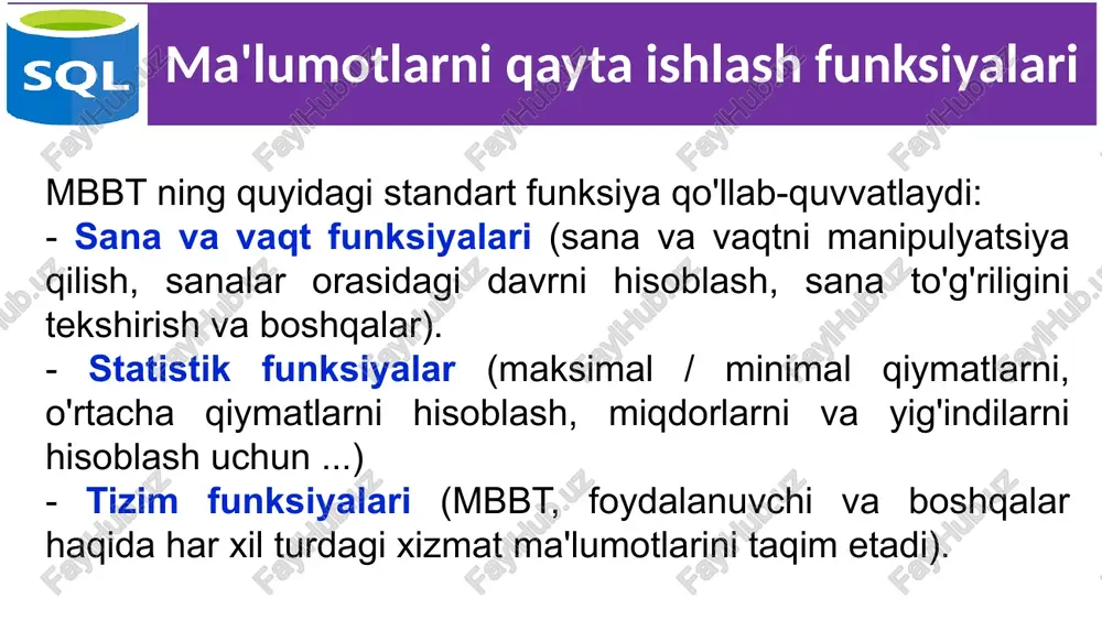 i simvollar ustunini qo'shadi. 19 jadvallarga qiymatlarni kiritish sql da barcha satrlar insert modifikatsiya buyrug'i yordamida kiritiladi. insert iborasi quyidagi formatlardan biriga ega: insert into [(ustun [, ustun] ...)] values ( [, ] ...); yoki insert into [(ustun [, ustun] ...)] qismiy so‘rov; 20 jadvallarga qiymatlarni kiritish masalan, sotuvchilar jadvaliga satr kiritish uchun quyidagi shartdan foydalanishingiz mumkin: insert into salepeople values (11, 'peel', 'london', 0.12); siz nom kiritish uchun ustunlar ko‘rsatishingiz mumkin. bu nomlarni ixtiyoriy tartibda kiritishga imkon beradi. masalan: insert into salepeople (sname, comm, snum) values ('peel', 0.12, 11); 21 satrlarni o‘chirish satrlarni jadvaldan delete komandasi bilan o‘chirish mumkin. u aloxida qiymatlarni emas faqat satrlarni o‘chiradi. delete quyidagi formatga ega: delete from [where search-condition]; 22 satrlarni o‘chirish masalan, sotuvchilar jadvalidagi hamma satrlarni o‘chirish uchun, quyidagi shartni kiritish mumkin: delete from salepeople; ma’lum satrlarni o‘chirish uchun predikatdan foydalaniladi. masalan, jadvaldan axelrod sotuvchini o‘chirish uchun: delete from salepeople where snum = …