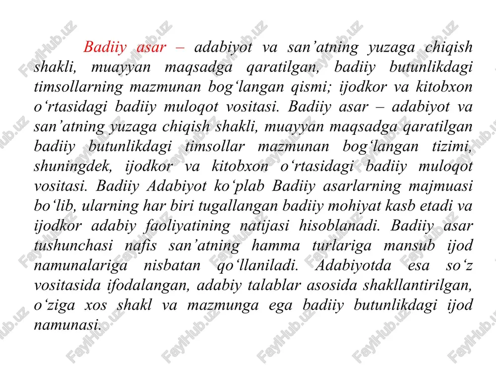 ni saqlab qolishgina emas, balki ularning boyitilishiga xizmat qiladi”. mumtoz adabiyotshunoslik tarixi badiiy ijodning estetik, ma’ri-fiy va yaratuvchanlik jihatlariga asosiy e’tibor qaratadi. san’atkor tasavvurida hayotdan parallel ravishda olingan ilk unsurlar: taassurot, fantaziya, shaxsning individual va ijtimoiy xususiyatlari kabilar birikib, badiiy tasvir (obraz) yaratilishi orqasida badiiy voqelik tug‘iladi. mana shu bosqichda turli qahramonlar, personajlar va hayotiy holatlardan ijodkor o‘z estetik didiga muvofiqlarini tanlab oladi, boshqalarini “o‘chiradi”. tasodifiy hayot hodisasidan muallifning go‘zallik qonunlari bo‘yicha harakati natijasida go‘zal, kutilmagan badiiy voqelik paydo bo‘ladi. bu ijodiy jarayonni muallifning o‘zi to‘liq boshqara olmaydi. badiiy voqelikning kutilmaganligi, avvaldan ma’lum emasligi “san’at – san’at uchun” va “san’atning tendensiozligi” (tarafkashligi) kabi tushunchalarning o‘zaro mohiyati badiiy ijodning murakkabligi bilan izohlanadi. badiiy asar yozish jarayoni ijodkorning g‘oyaviy niyat, maqsadi bilan boshlanadi. ijodiy maqsadning muhim yoki arzimasligi ijodkor shaxsining olamni qanday idrok etishi, iste’dodi tabiati, hayotiy tajribasi, umumiy madaniy saviyasi bilan bog‘liqdir. badiiy ijod (xususan, adabiy ijod) boshqa ijod turlaridan o‘zining …