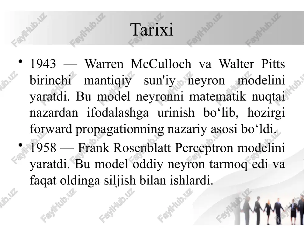 a haqiqiy natija orasidagi xatoni orqaga (chiqishdan kirishga) qarab tarqatib, har bir og‘irlik va bias uchun gradientlarni hisoblash algoritmi hisoblanadi. u xatolikni (yo‘qotishni) kamaytirish orqali neyron tarmoqning og‘irliklarini yangilaydi. 4 ta asosiy bosqichdan iborat: orqaga siljish (backward propagation) algoritmining ishlash prinsipi 1. oldinga siljish (forward propagation) bu bosqichda kirish ma’lumotlari tarmoq bo‘ylab harakatlanadi va chiqish (output) hosil qilinadi. har bir neyron quyidagicha hisoblanadi: z=w⋅x+b, a=σ(z) bu yerda: x -kirishlar, w- og‘irliklar, b- siljitish (bias), σ-aktivatsiya funksiyasi (masalan, sigmoid, relu), a- neyronning chiqishi. orqaga siljish (backward propagation) algoritmining ishlash prinsipi 2.yo‘qotish funksiyasi (loss function) haqiqiy qiymat va taxmin qilingan qiymat orasidagi farq yo‘qotish (loss) deb ataladi. masalan, kvadrat xatolik (mse) funksiyasi: l=1/2​(y− ŷ) 2 orqaga siljish (backward propagation) algoritmining ishlash prinsipi 3. xatolikni orqaga tarqatish (backward propagation) bu bosqichda chiqishdan kirishga qarab har bir qatlamdagi og‘irliklar uchun gradientlar hisoblanadi. gradientlar yo‘qotish funksiyasining og‘irliklar bo‘yicha hosilalaridir: orqaga siljish (backward propagation) algoritmining ishlash …