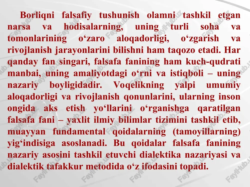 ko‘ra, dunyoda hech narsa doimiy emas: bir xil narsalar ketadi, boshqalari keladi, birlari ravnaq topadi, boshqalari zavol topadi. hodisalar muayyan yetuklik darajasiga yetkach, o‘z ziddiga aylanadi: noto‘la to‘laga, egri to‘g‘riga, bo‘sh narsa to‘la narsaga aylanadi, eski yangi bilan almashadi. dialektika nemis klassik falsafasi doirasida va eng avvalo gegel falsafasida kuchli rivojlandi. agar antik dialektika aqliy farazlarga (masalan, dunyoning o‘zgaruvchanligi, ziddiyatliligi to‘g‘risidagi g‘oyalarga) asoslangan bo‘lsa, gegel dialektikasi asosan o‘z zamonasining ilmiy yutuqlariga tayandi va nazariy g‘oyalarning mukammal tizimi sifatida gavdalandi. gegel eng avval dialektikaning asosiy tushunchalarini – uning kategorial apparatini ta’riflab berdi, bu apparat bugungi kunda ham muvaffaqiyatli amal qilib turibdi. gegel dialektikasining asosiy tushunchalari va qonunlari tizimi aloqalar, o‘tishlar, o‘zgarishlarning turli-tumanligini va umuman rivojlanishni jarayon sifatida aks ettira olar edi. gegel birinchi bo‘lib taraqqiyotning asosiy qonunlarini: sifat va miqdor o‘zgarishlarining bir-biriga o‘tishi qonunini, qarama-qarshiliklarning birligi va kurashi qonunini, inkorni-inkor qonunini ta’riflab berdi. gegel dialektikaning asosiy prinsiplarini: hodisalarning universal aloqasi prinsipini, …
