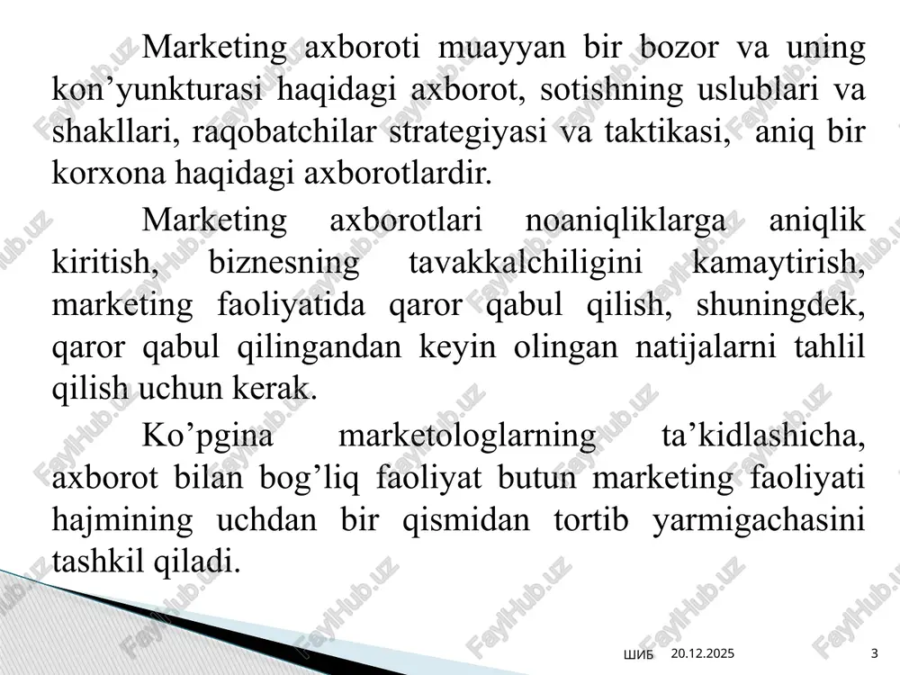 darajasi haqida ma’lumotga ega bo’lish, shuningdek, omma nazaridagi o’z o’rnining mustahkamligini o’lchash uchun so’rovlar o’tkazadilar. 12.02.2025 shib 9 sinov — oldindan «holatni yaratish» asosida olingan natijalarni o’lchash bilan biror jarayonni amalga oshirishdir. asosan sababnatijaviy aloqalarni o’rganishda ishlatiladi. masalan, tovarlarni har xil o’ramlarda taklif etishga xaridorlarning reaksiyasini o’lchash, modifikasiyalangan tovarning an’anaviy tovarlarga nisbatan sotilish miqdorini baholash va hokazo sinov yordamida, odatda, bir martalik harakterdagi aniq voqyealar tadqiq qilinadi va shuningdek, olingan ma’lumotlarni hamma vaqt ham umumlashtirib bo’lmaydi. sinovning kamchiliklari yuqori xarajatlar, subyektiv tanlangan sharoitlar, shuningdek, marketing rejasining hamma parametrlari va unga ta’sir etadigan hamma omillarni hisobga olish va nazorat qilish imkonining yo’qligidan iboratdir. 12.02.2025 shib 10 marketing tadqiqotlari deganda turli xil marketing muammolari, shu jumladan, bozor rivojlanishining o’lchamlari va tendensiyalari, u yoki bu marketing holatlariga javob reaksiyalari, shuningdek, firmaning bozor rivojlanishi va marketingni boshqarish haqidagi ma’lumotlarni sistemali yig’ish, tartibga solish va tahlil qilish tushuniladi. tadqiqotlarning yo’nalishlari doim kengayib boradi. biroq quyidagi …