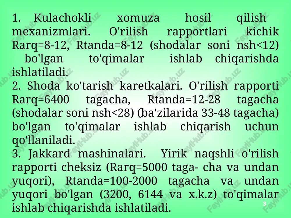 a x.k.z. -oddiy o'rilishlar) -o'rilish turini o'zgartirish murakkabligi va ko'p vaqt talab etilishi (kulachoklarni o'zgartirish, almashtirish, boshqasini o'rnatish kabi amallar uchun). ta'lim ma+sadlari * shoda ko'tarish karetkalari (shkk) yo'l-yo'l, kataksimon, geometrik o'rilishli to'qimalar ishlab chiqarishda foydalaniladi. ularni kulachokli xomuza hosil qilish mexanizmlariga nisbatan afzalligi, xizmat ko'rasatishni qulayligi, o'rilish turini oson almashtirish imkoniyatiga egaligi va arqoq bo'yicha o'rilish rapporti katta bo'lgan to'qimalarni ishlab chiqarish imkoniyatini kengligidir. shoda ko'tarish karetkalarini bir necha turlari mavjud. 1. pozitiv va negativ shoda ko'tarish karetkalari 2.mexanik va elektronli shoda ko'tarish karetkalari. ta'lim ma+sadlari * ta'lim ma+sadlari bir ko'tarimli, yopiq xomuza hosil qiluvchi shoda ko'tarish karetkalari eni enli va tezligi yuqori bo'lmagan to'quv dastgohlarida qo'llaniladi. tezligi yuqori bo'lgan to'quv dastgohlarini paydo bo'lishi ikki ko'tarimli karetkalarni yaratishni taqazo etdi. bir ko'tarimli karetkalar dastgoh bosh valining aylanishlari soni 170-175 min-1 bo'lgan to'quv dastgohlarida qo'llanilsa, ikki ko'tarimli karetkalar esa tezligi 240 min-1 gacha bo'lgan to'quv dastgohlarida foydalanish imkoniyatini beradi. * …