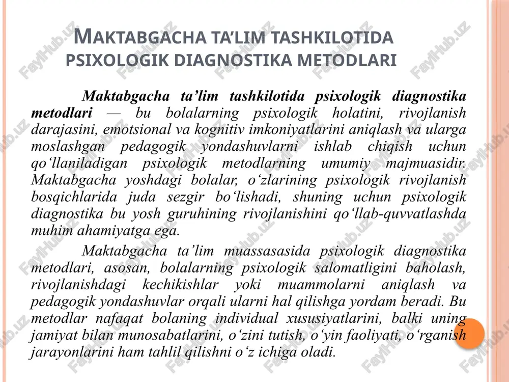 vni ishlab chiqadi. 8. metodlar yordamida kuzatish va tahlil qilish psixologlar maktabgacha yoshdagi bolalarning psixologik diagnostikasi jarayonida turli metodlarni birgalikda qo‘llashadi. bu metodlar bolalarning individual ehtiyojlariga qarab tahlil qilinadi, va diagnostik ma'lumotlar asosida ularga moslashtirilgan pedagogik yondashuvlar taklif etiladi. psixologik diagnostika metodlarining maqsadi: bolaning psixologik rivojlanishini o‘lchash. bola va uning atrofidagi muhit o‘rtasidagi o‘zaro ta’sirni aniqlash. o‘zgartirishlar va pedagogik yondashuvlarni rejalashtirish. xavotir, qo‘rquv yoki boshqa psixologik muammolarni aniqlash va ularni bartaraf etish. bolaning ijtimoiy va emotsional rivojlanishini qo‘llab-quvvatlash. bolalar psixodiagnostikasida kuzatish metodi. kuzatish metodi- har doim maʼlum maqsadga qaratilgan boʻlib, uning yordamida bolalarning turli xil psixologik xususiyatlari oʻrganiladi. kuzatish metodi 2 ga boʻlinadi. obyektiv kuzatish-- har doim maʼlum bir maqsadga qaratilgan boʻlib, uning yordamida bolalarning turli psixik protsesslari hamda shaxsiy psixologik xususiyatlari oʻrganiladi. subʼyektiv kuzatish–oʻz-oʻzini kuzatish hisoblanadi. maktabgacha yoshdagi bolalar psixodiagnostikasida subʼyektiv kuzatish oʻz-oʻzini kuzatishdan juda kam foydalaniladi. kuzatish metodidan foydalanilganda bolalar turli oʻyin faoliyatlari, didaktik mashgʻulotlar, mehnat faoliyatlarida xilma-xil …