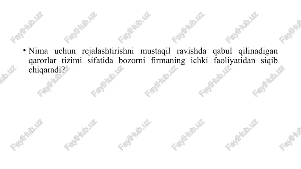 hga kam xarajat sarflangan holda yuqori samara olishni ta’minlash. bashoratning maqsadi – bozorga ta’sir qiluvchi omillarni, shu bilan birga, xo’jalikning umumiy ahvoli, tuzilmaviy siljishlar, investitsion faollik, fan-texnika taraqqiyotining iste’molchi va ishlab chiqaruvchilarga ta’sir ko’rsatishi, an’anaviy mahsulotlardan tashqari korxonaning barqarorligi va raqobatbardoshligiga olib keluvchi «pioner» (yangi) mahsulot ishlab chiqarish istiqbolida yuzaga kelishi mumkin bo’lgan holatlarini belgilashdadir. korxonalar uchun talabni prognozlashtirish muhim ahamiyatga ega bo’lib, u ishlab chiqarilayotgan mahsulotlar turi va miqdorining o’zgarishini avvaldan aniqlab beradi. umuman olganda, prognoz rejalashtirishning ilmiy asosidir. birinchi marta rejalashtirish prinsiplari a.fayol tomonidin ifodalangan. uning fikricha harakat dasturlari yoki rejalarni ishlab chiqarishda asosan 5 prinsipiga amal qilish talab etiladi: zaruriylik, yagonalik, uzluksizlik, moslashuvchanlik va aniqlilik. 15 xomum tamoyili 2 qismdan tashkil topgan: koordinatsiya va integratsiya. ularning har biri korxonaning ma’lum bir darajasiga, obyektiga tegishlidir. koordinatsiyalash tamoyili korxona bo’linmalarining faoliyatini alohida rejalashtirish yuqori samara keltirmaydi degan fikrni tasdiqlaydi. bundan korxonaning barcha bo’linmalari faoliyatini bir vaqtda va o’z aro …
