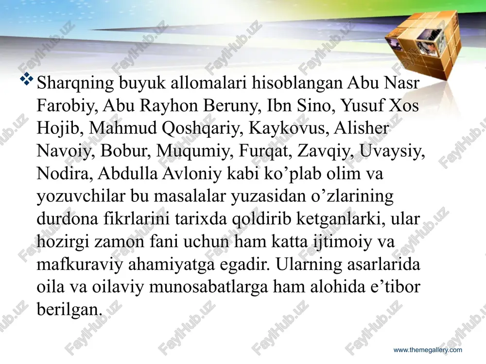 `zaro ishonch ekanligi ta‘kidlanib, er-xotinning bir-biriga xiyonati qattiq la‘natlangan, begona erkak bilan juftlashgan ayol badnom qilinib, jazolangan va nikohdagi eri uchun ―harom» hisoblangan www.themegallery.com jumladan, turmushga chiqish va uy bekasi bo’lishning besh turi ko’rsatilgan: podshoh xotin. buning ma’nosi shundaki, yigit va qiz ota- onalarining roziligi bilan turmush quradilar. bunda onalarning mavqei baland bo’ladi. ayuqxotin, ya’ni” yakkabonu “. agar yigit biron oiladagi yagona farzand – qiziga uylansa , oldindan bu xonadonni yakkalab , merosxo’rsiz qoldirmaslikga va’da beradi, yangi oilada tug’ilgan birinchi o’g’il bobosi-yu buvisining nomiga o’tkaziladi va bola ularning merosxo’ri bo’ladi. chokar xotin. avvalgi jufti halolidan ajralgan erkak yoki o’ziga yangi turmush o’rtog’i tanlaydi. zardushtiylik e’tiqodicha, er yoki xotin vafotidan so’ng oldingi jufti halolligiga nikoh sohibi hisoblanadi. binobarin, ikkinchi er yoki xotin oldingisining chokari hisoblanadi. shuningdek, er farzand ko’rish ilinjida, birinchi xotin roziligi bilan ikkinchi marotaba uylansa, ikkinchi ayol birinchisiga nisbatan “chokarxotin” hisoblanadi. o’zboshimcha xotin. zardushtiylik dini qoidasiga ko’ra, o’g’il –qizlar …