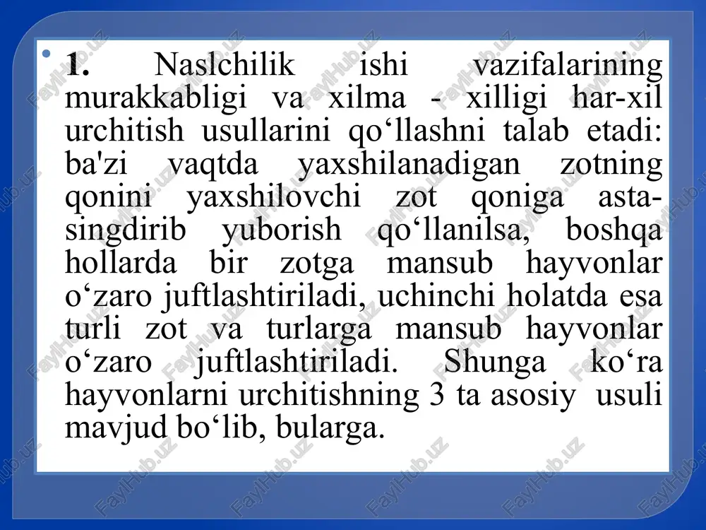 qarish maqsadida qo‘llaniladi. turlararo duragaylashda xachir, ya'ni ot va eshak duragayi, bir o‘rkachli tuya bilan ikki o‘rkachli tuya duragaylash misol bo‘ladi. bunday duragaylar yirikligi va ota onasiga qaraganda ikki marta ko‘p yuk tortishi bilan farq qiladi. yangi zot chiqarish maqsadida chatishtirish yo‘li bilan shortgorn go‘shtdor zoti bilan hindistonning o‘rkachli qoramoli - zebudan qoramolning santa-gertruda zoti yetishtirilgan. mayin junli qo‘yni yovvoyi qo‘y - arxar bilan duragaylash yo‘li bilan, qozoqi arxarmerinos zoti chiqarilgan, bu zot baland tog‘ sharoitiga yaxshi moslashgan. arxarmerinos qo‘y zotining yaratilish tizimi brangus zotini yaratishda duragaylash usuli e'tiboringiz uchun raxmat. ! image2.png image3.jpeg image4.jpeg image5.png image6.jpeg image7.jpeg 47-pacm. kopa-o1a mosiaphun hoh sot rypyxhim - spammuiya ypwmhm wake x “y3 wymqa” ypmmathl (6/8 ronwrum, 1/8 anrnep, 1/8 kyou 4yn) 48-pacm. ky3na mowiapim wr cepmaxcy.1 thom wm apathm. wak ro. madiall me be ke euagy 00 w 54-pacm. 3e6y kopamoahhn ku3h.a uv. ioth gohan ayparaiinau tacbhpu. bpamay (se6y) /docprops/thumbnail.jpeg : qishlog …