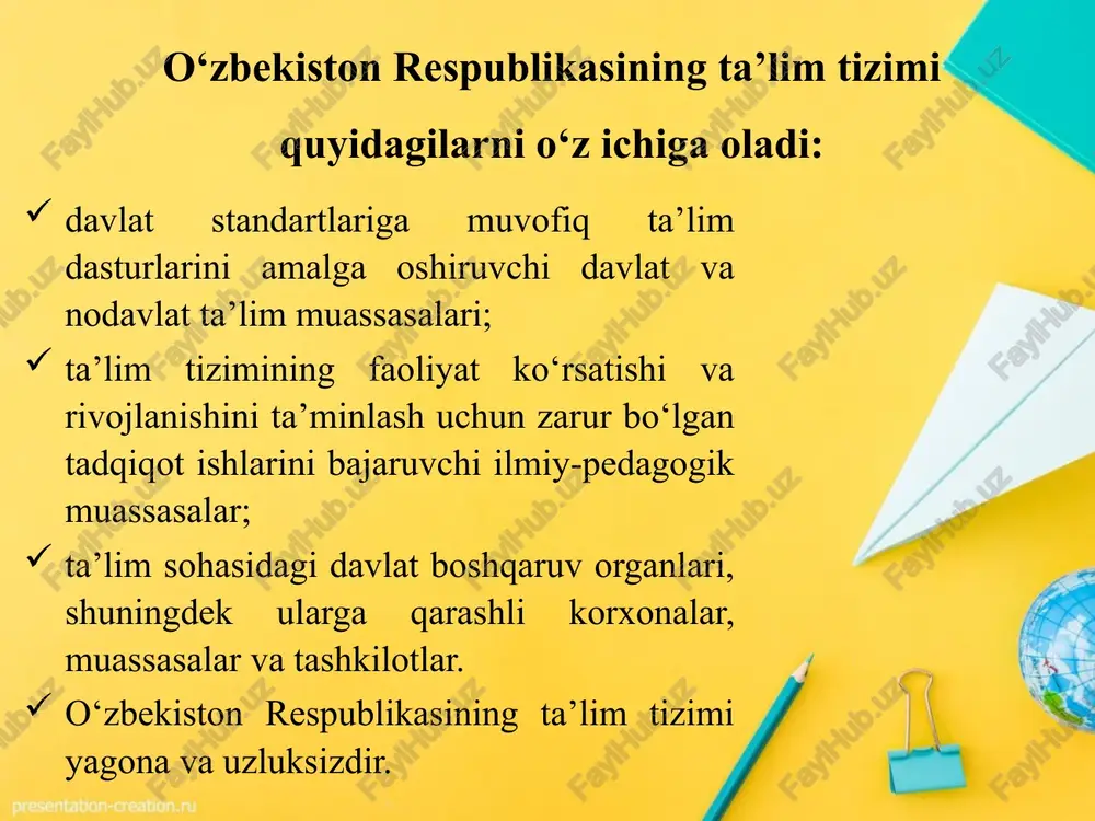 a amaliy ko‘nikma va malakalarni shakllantirish, ularning bilish qobiliyatlarini o‘stirish va dunyoqarashlarini tarbiyalashga yo‘naltirilgan jarayon dars bevosita o‘qituvchi rahbarligida muayyan o‘quvchilar guruhi bilan olib boriladigan ta’lim jarayonining asosiy shakli bilim olish idrok etish, o‘rganish, mashq qilish va muayyan tajriba asosida xulq-atvor hamda faoliyat ko‘nikma, malakalarning mustahkamlanib, mavjud bilimlarning takomillashib, boyib borish jarayoni ta’lim jarayoni o‘qituvchi va o‘quvchilar o‘rtasida tashkil etiluvchi hamda ilmiy bilimlarni o‘zlashtirishga yo‘naltirilgan pedagogik jarayon o‘quv fani ta’lim muassasalarida o‘qitilishi yo‘lga qo‘yilgan hamda o‘zida muayyan fan sohasi bo‘yicha umumiy yoki mutaxassislik bilim asoslarini jamlagan manba ta’lim mazmuni davlat ta’lim standartlari asosida belgilab berilgan hamda ma’lum sharoitda muayyan fanlar bo‘yicha o‘zlashtirilishi nazarda tutilgan ilmiy bilimlar, shuningdek, shaxsning aqliy va jismoniy qobiliyatini har tomonlama rivojlantirish, dunyoqarashi, odobi, xulqi, ijtimoiy hayot va mehnatga tayyorlik darajasini shakllantirish jarayonining mohiyati ta’lim tizimi yosh avlodga ta’lim-tarbiya berish yo‘lida davlat tamoyillari asosida faoliyat yuritayotgan barcha turdagi o‘quv-tarbiya muassasalari majmui ta’lim maqsadi (o‘qish, bilim olish maqsadi) …
