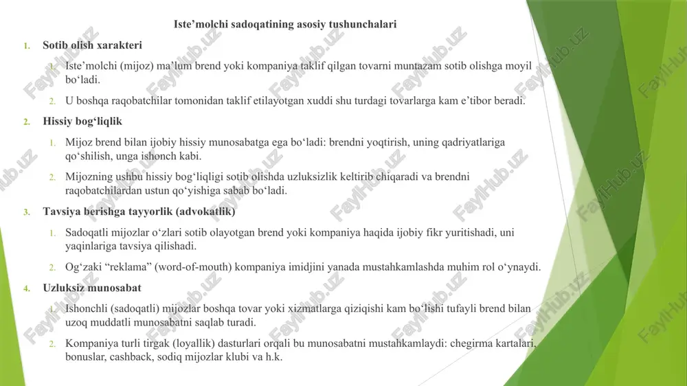 ususiyatlarini shakllantirish. sodiq mijozlar dasturlari ball to‘plash, chegirma kartalari, keshbek (cashback), maxsus tadbirlar, vip xizmatlar va hk. bu turdagi dasturlar mijozlarni kompaniyaga yaqinlashtiradi, sotib olishga rag‘bat beradi. aloqa (feedback) kanallarini tashkil etish mijozlarning fikr-mulohazalarini izchil o‘rganish, muammolarni tezkor hal qilish. sodiqlikni shakllantirishda mijozlardan keladigan shikoyat va takliflar bilan ishlash muhim. xodimlar malakasini oshirish kompaniyaning ichki mijozlari sifatida xodimlar ham brend elchilari bo‘lishi kerak. xodimlarning sodaqatni his qilishi va uni mijozlarga ko‘rsatishi sodiqlik muhitini kuchaytiradi. 1. ball to‘plash va kupon (vaucher) tizimi qanday ishlaydi? mijoz doimiy ravishda xarid qilgan sari muayyan ball yoki bonus to‘playdi (masalan, 1 so‘m = 1 ball tamoyili). keyinchalik to‘plangan ballar evaziga chegirma yoki bepul mahsulot olish mumkin. bellissimo, korzinka ba’zan kompaniyalar mijozlarga maxsus elektron (yoki qog‘oz) kupon/vaucher taqdim etadi. ushbu kuponni keyingi xaridlarda taqdim etganda chegirma olish imkoni bo‘ladi. kuchli tomonlari mijozni qayta-qayta savdo qilishga rag‘batlantiradi. xarid qiymati ortishi bilan balldan foydalanish istagi kuchayadi (up-selling, cross-selling). …