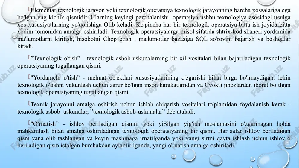 xech qanday ortiqcha narsa bo’lmasligi kerak. asboblarni, ayniqsa kesuvchi asboblarni charm gilofda saqlagan maqul. xar bir gilof asbobning ma’lum turiga mo’ljallangan boladi. navbatchi o’qituvchi asboblarni tarqatishni doimo birinchi partadan boshlaydi, bunda o’quvchilar tartib va tejamkorlikka o’rganadilar. hamma foydalanadigan asboblar sinf shkaflarda saqlanadi, ishdan so’ng asboblarni o’quvchilar tozalab yuvib, artib navbatchi o’quvchiga topshiradilar. ish xonalarida ishlash va asboblardan foydalanish bo’yicha texnika xavfsizligi qoidalarni quyidagicha umumlashtirish mumkin. 1. ish xonasiga faqat o’qituvchi ruxsati bilan kiriladi. 2. xar bir o’quvchi faqat o’z ish joyida ishlaydi. agarda ish jamoa ravishda qilinadigan bo’lsa, o’quvchilar o’z majburiyatlarini yaxshi biladilar. 3. ish faqat o’qituvchining ruxsati bilan boshlanadi. 4. ishni boshlashdan oldin, ish joyingni tayyorla, asboblarni to’g’ri va qulay joylashtirish: o’ng qo’l bilan ushlanadigan asboblarni o’ng tomonga, chap qo’l bilan ushlanadiganini chap tomonga qo’y, sanchiladigan, kesadigan asboblarni xech qachon ikkita asbob orasiga qo’yma, ularni doimo o’z joyiga, o’tkir tomonini narigi, dastasini o’zing tomonga qilib qo’y. asboblarni o’ynama, ular …