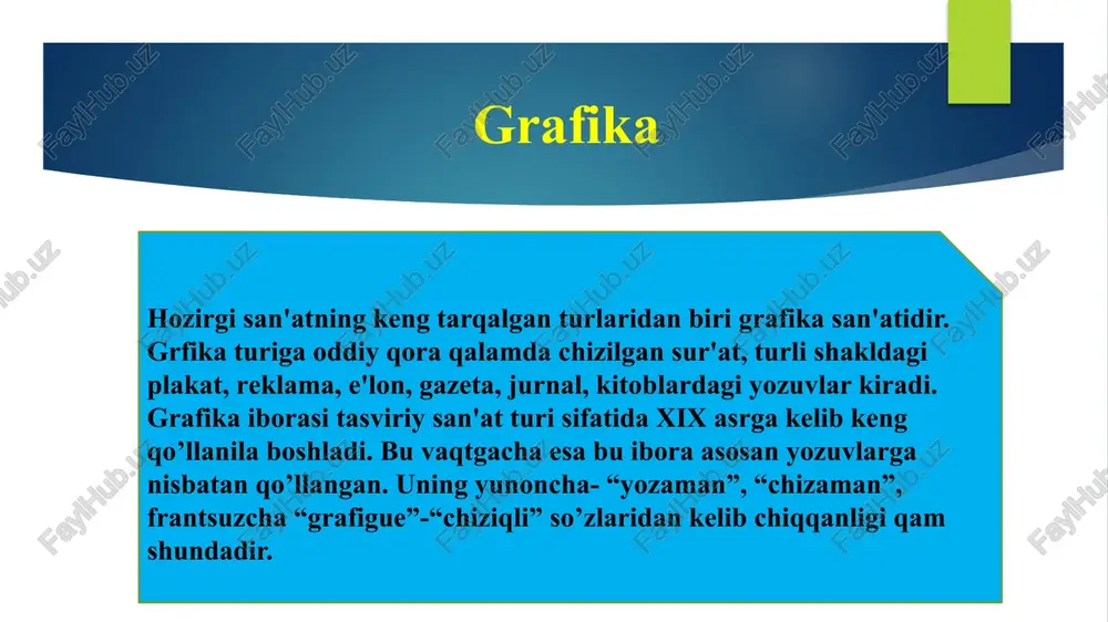 ulug`vorlik, adabiylik baxsh etsa marmarda ishlangan haykallar nozik ko’rinadi. yana haykallar loy, yog`och, metall, marmar, granit, suyak, sement, gips va boshqalar. haykaltaroshlikda deyarli rang ishlatilmaydi. turlari manumental haykaltaroshlikka – muhim tarixiy voqealar, atoqli shaxslarga qo’yilagan haykallar kiradi. dekorotiv haykaltaroshlik – istirohat bog`lari, xiyobonlar, ko’cha va parklar, me'morchilik binolarining devorlarini bezash uchun ishlatiladi. dastgoh haykaltaroshligiga – o’zida mustaqil mazmunni anglatadigan, san'atning bosh turlariga tobe bo’lmagan asarlar kiradi. bunday asarlar ko’rgazmalarga qo’yish, ularga qo’yish uchun mo’ljallangan bo’ladi. adabiyotlar ro`yxati n.yu. yusupova, m.u. xamidova “tasviriy san’at va qo’l mehnatiga o’qitish maxsus metodikasi” “fan va texnologiya” toshkent 2018 y. 63-90 betlar. n.a. gritsuk, a.r. kiseleva” prepodovanie izobrazitelnogo iskustva v shkole dlya detey s narusheniyami sluxa”. uchebnoe posobie minsk-2006. 14-58str.,64-128str. e`tiboringiz uchun raxmat!!! image2.png image3.jpg image4.jpg image1.jpeg /docprops/thumbnail.jpeg