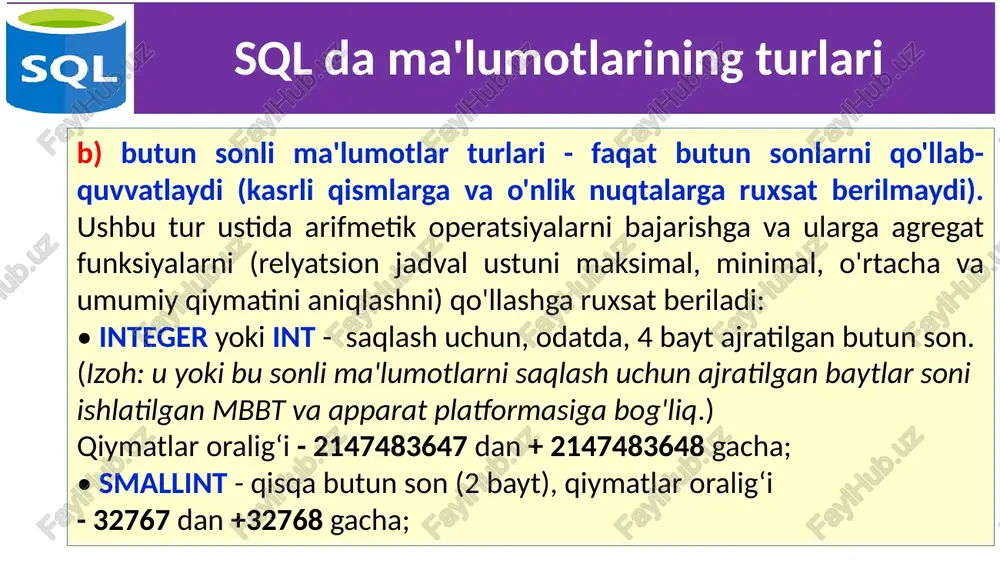 00 13 23 liu sanjose 200 12 10 jadvallarni yaratish jadval buyurtmalar (orders): onum – har bir sotib olish unikal nomeri, amt – sotib olish summasi qiymati, odate – sotib olish sanasi, cnum – sotib oluvchi mijoz unikal nomeri, snum – sotuvchining unikal nomeri nomeri. onum amt odate cnum snum 38 4723.00 1990/10/05 26 11 310 1309.95 1990/10/06 24 12 11 jadvallarni yaratish sotuvchilar (salepeople) jadvalini yaratish: create table salepeople ( snum integer, sname char (10), city char (10), comm float ); 12 jadvallarni o‘chirish faqat bo‘sh jadvalni o‘chirish mumkin. satrlarga ega bo‘lgan, to‘ldirilgan jadvalni o‘chirish mumkin emas, ya’ni jadval o‘chirishdan oldin tozalangan bo‘lishi kerak. jadvalni o‘chirish komandasi quyidagi ko‘rinishga ega: drop table ; masalan: drop table salepeople; 13 jadvalni yaratilgandan so‘ng o‘zgartirish jadvalni o‘zgartirish uchun alter table komandasidan foydalaniladi. bu komanda jadvalga yangi ustunlar qo‘shish, ustunlarni o‘chirish, ustunlar kattaligini o‘zgartirish, hamda cheklanishlarni qo‘shish va olib tashlash imkoniyatlariga ega. bu …