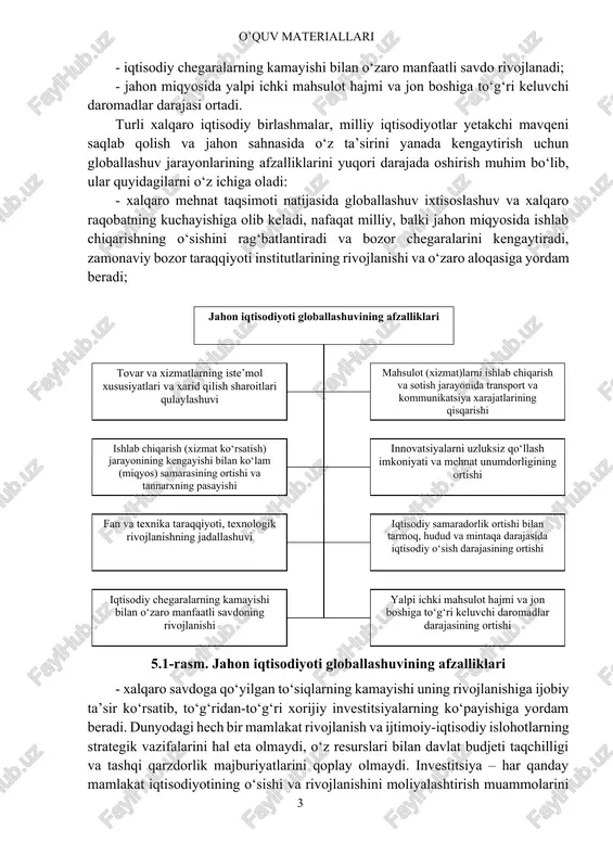 atsiya i strategiya razvitiya ekonomiki rossii // problemi prognozirovaniya, 2001, №4. – s.7.] xx asr oxiri va xxi asr boshlarida jahon iqtisodiyotining eng muhim xususiyatlaridan biri moliya bozorlarining jadal rivojlanishi hisoblanadi[footnoteref:4]. ko‘pgina iqtisodiyotlar moliyaviy globallashuvning oqibatlari va davlatning bu jarayonni boshqarishdagi rolini qayta baholash va global inqiroz oqibatlarini bartaraf etishga imkon beradigan bozorlarni tartibga solishning yangi metodologiyasini ishlab chiqish zarurati bilan to‘qnash kelmoqda. [4: nechay a. globalizatsiya mirovoy ekonomiki i rol gosudarstva // jurnal mejdunarodnogo prava i mejdunarodnix otnosheniy, 2010. – №4.] taraqqiyotning bugungi sharoitida globallashuv jarayoni xalqaro raqobatni keskinlashtiruvchi asosiy omil bo‘lib, uning asosiy afzalliklari sifatida quyidagilarni ko‘rsatib o‘tish mumkin (5.1-rasm): - xalqaro raqobatni keskinlashtirish orqali xaridorlar uchun tovar va xizmatlarning iste’mol xususiyatlari va xarid qilish sharoitlari qulaylashadi; - mahsulot (xizmat)larni ishlab chiqarish va sotish jarayonida transport va kommunikatsiya xarajatlari qisqaradi; - ishlab chiqarish (xizmat ko‘rsatish) jarayonining kengayishi bilan ko‘lam (miqyos) samarasi ortadi va tannarx pasayadi; - jahon miqyosida …